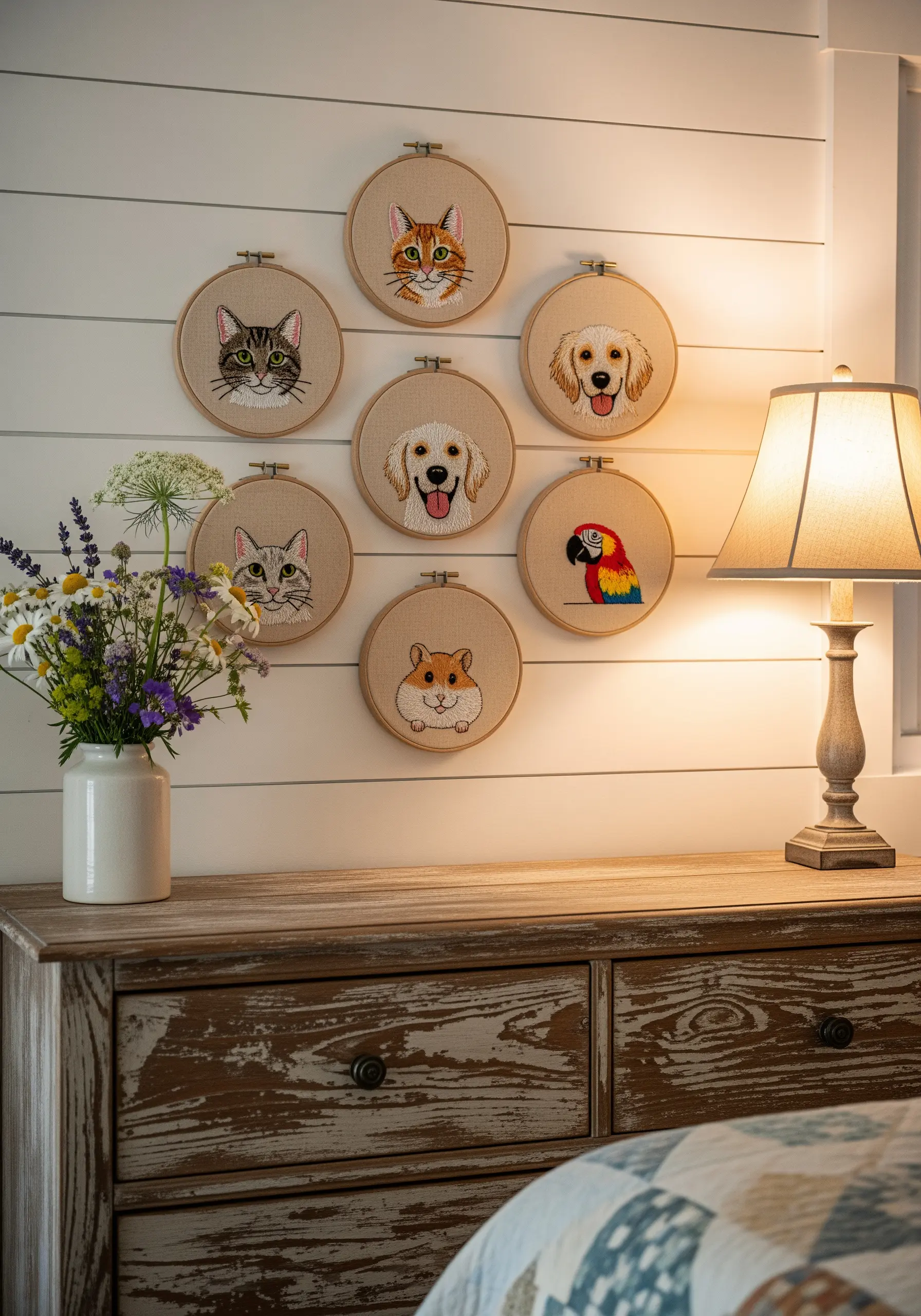 A gallery wall of seven embroidered pet portraits in wooden hoops on a shiplap wall.