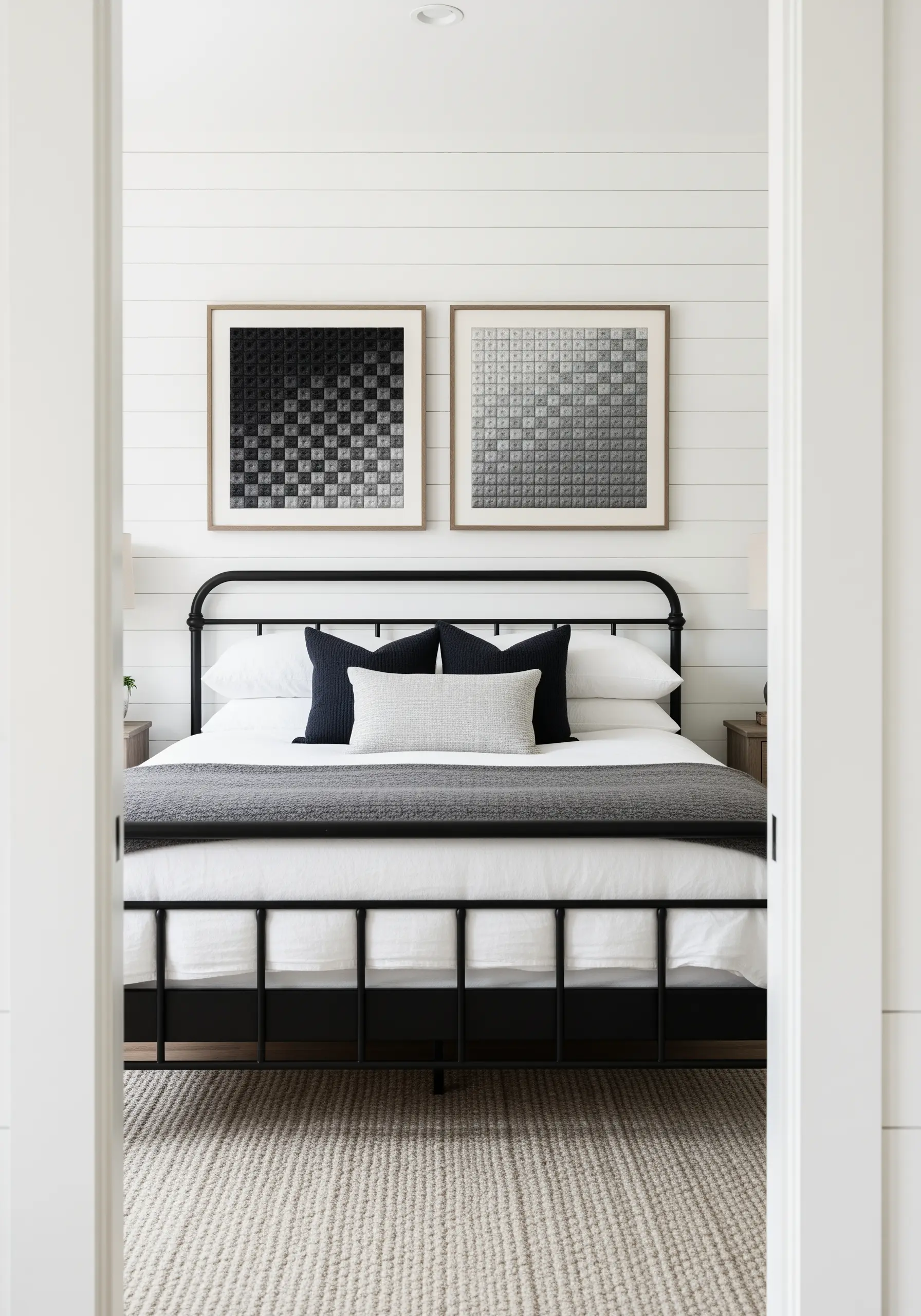 Two framed pieces with a checkerboard pattern transitioning from light to dark.