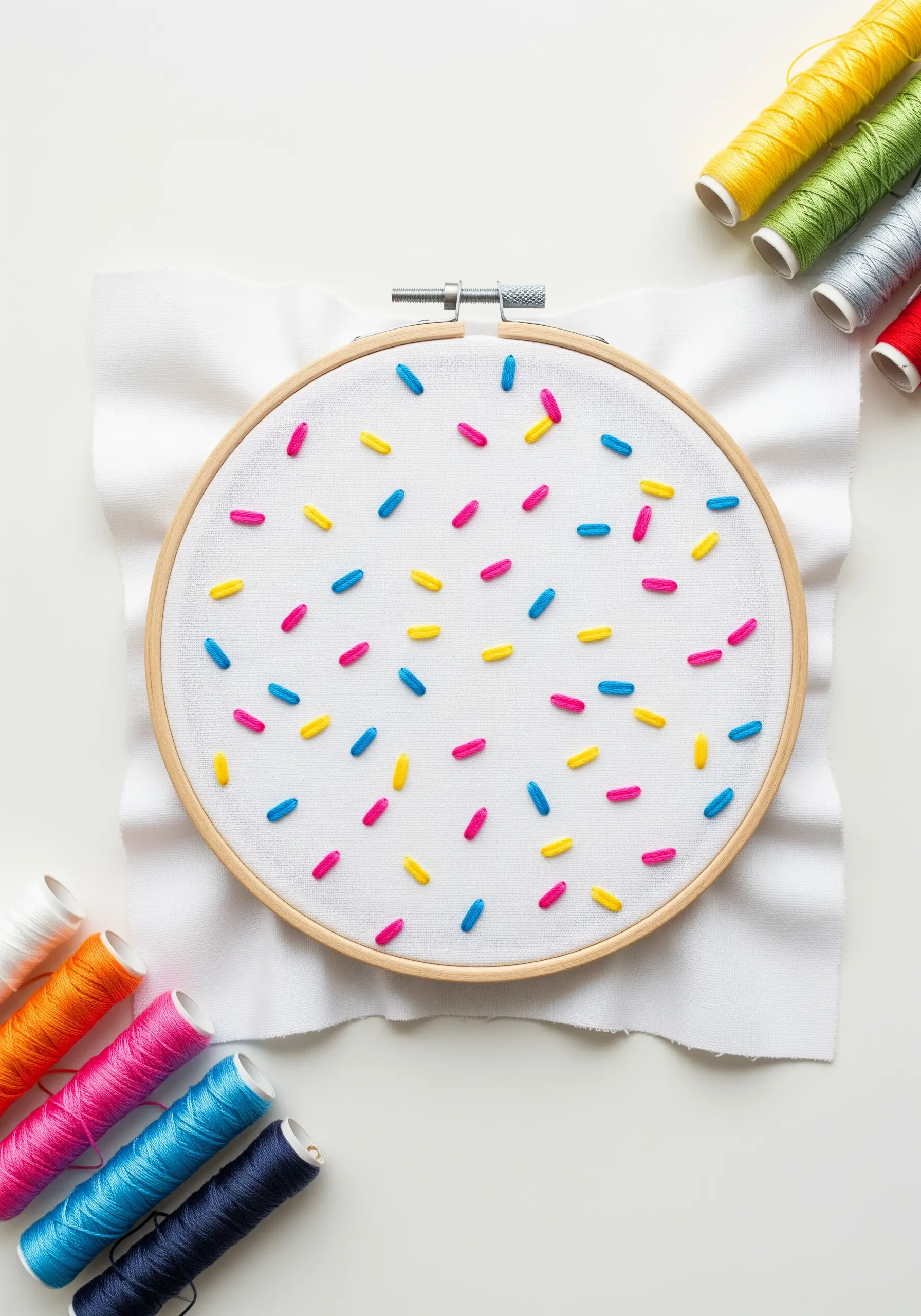 Colorful embroidered sprinkles scattered across white fabric in a hoop.