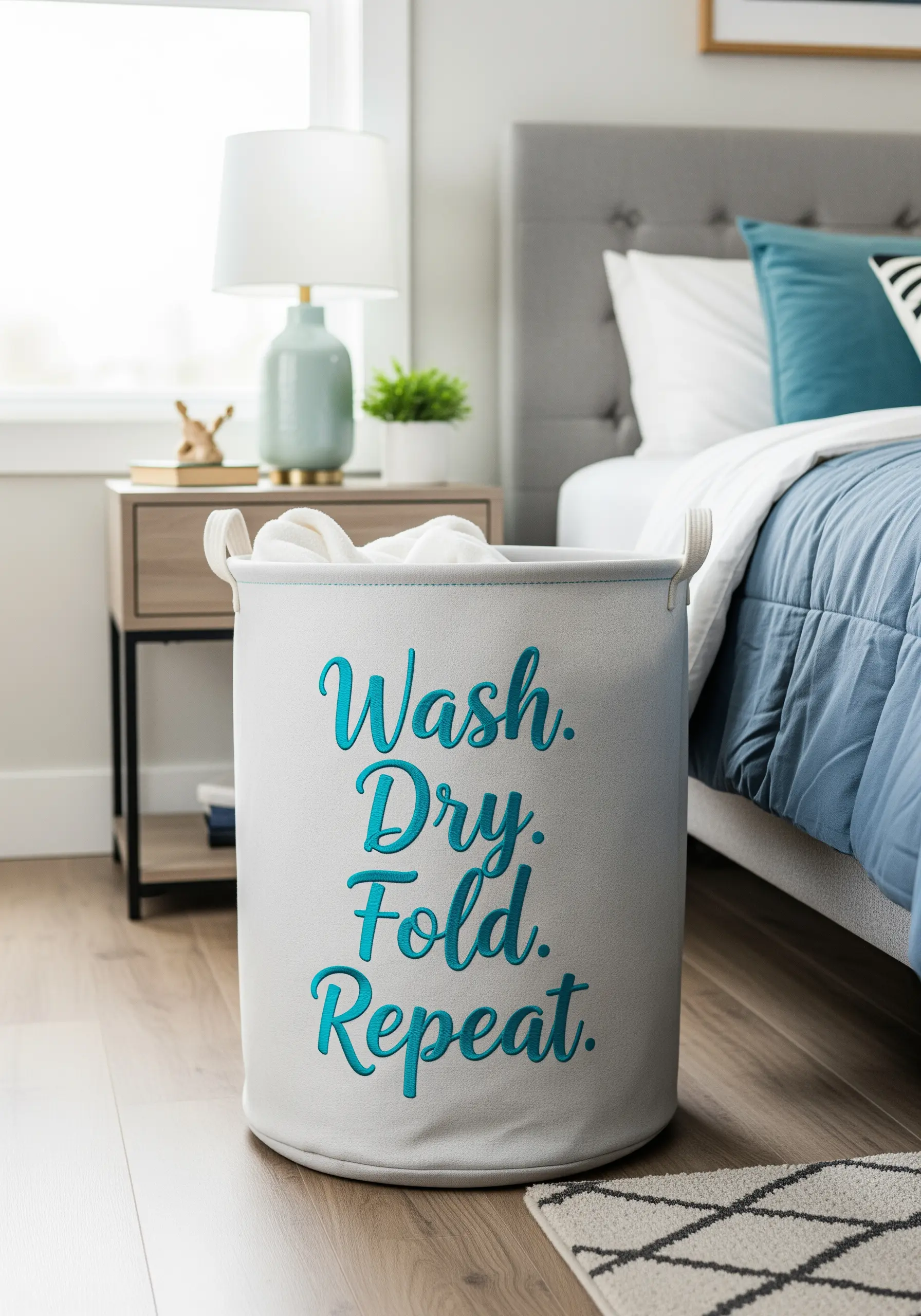 A grey laundry hamper with 'Wash. Dry. Fold. Repeat.' embroidered in bold turquoise script.