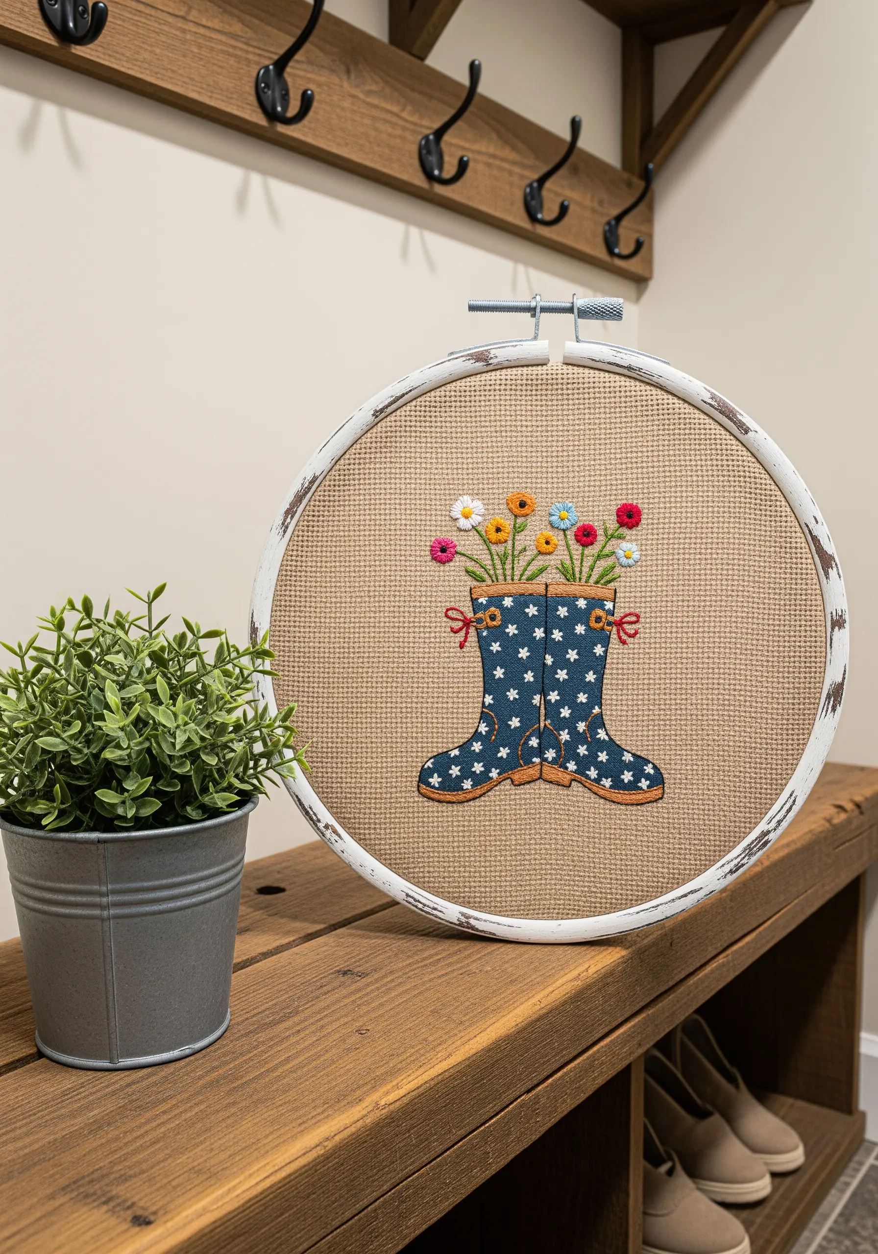 Embroidery of rain boots filled with flowers, framed in a distressed white hoop.