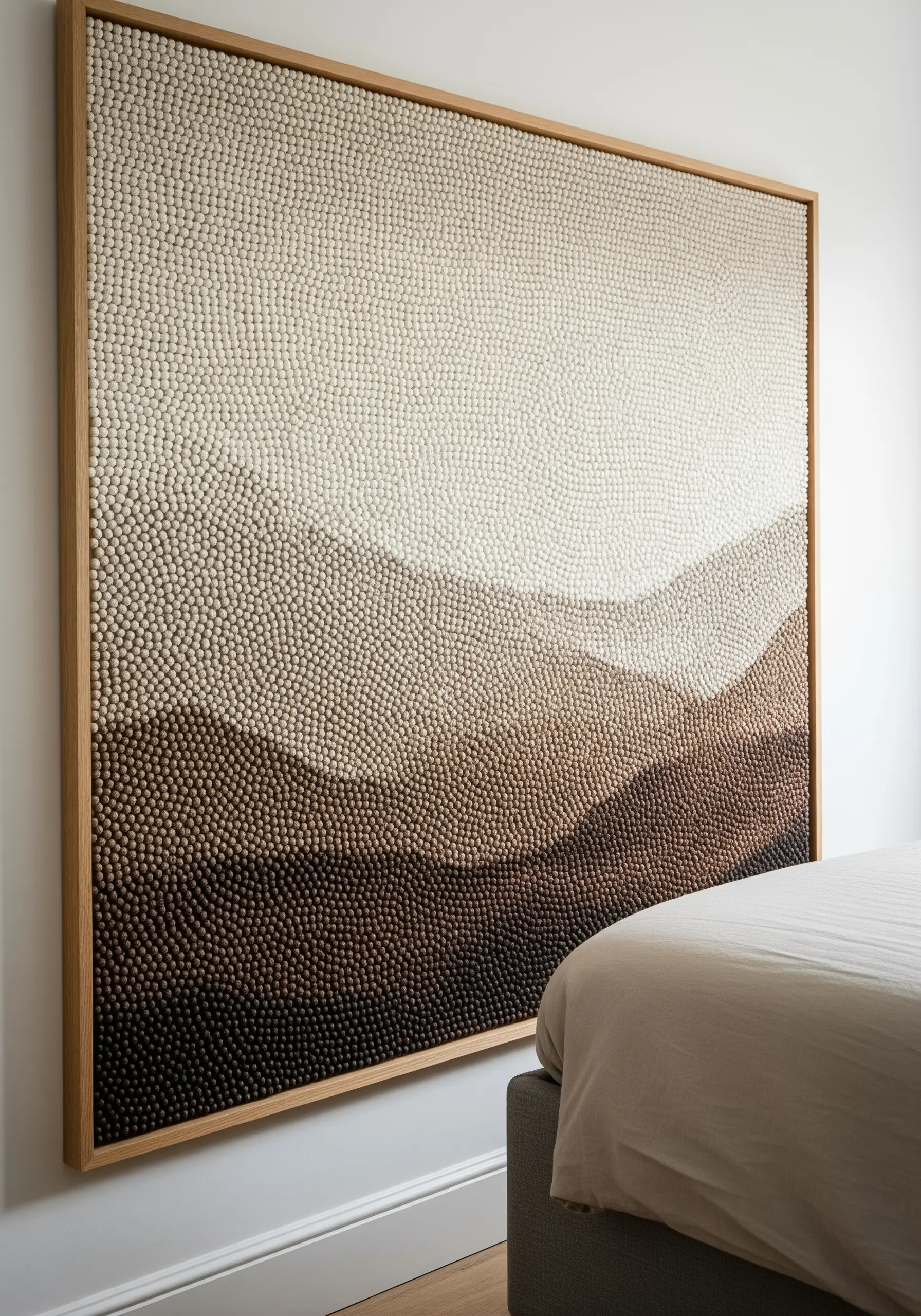 Large framed piece showing a hilly landscape made entirely of tiny French knots in a brown gradient.