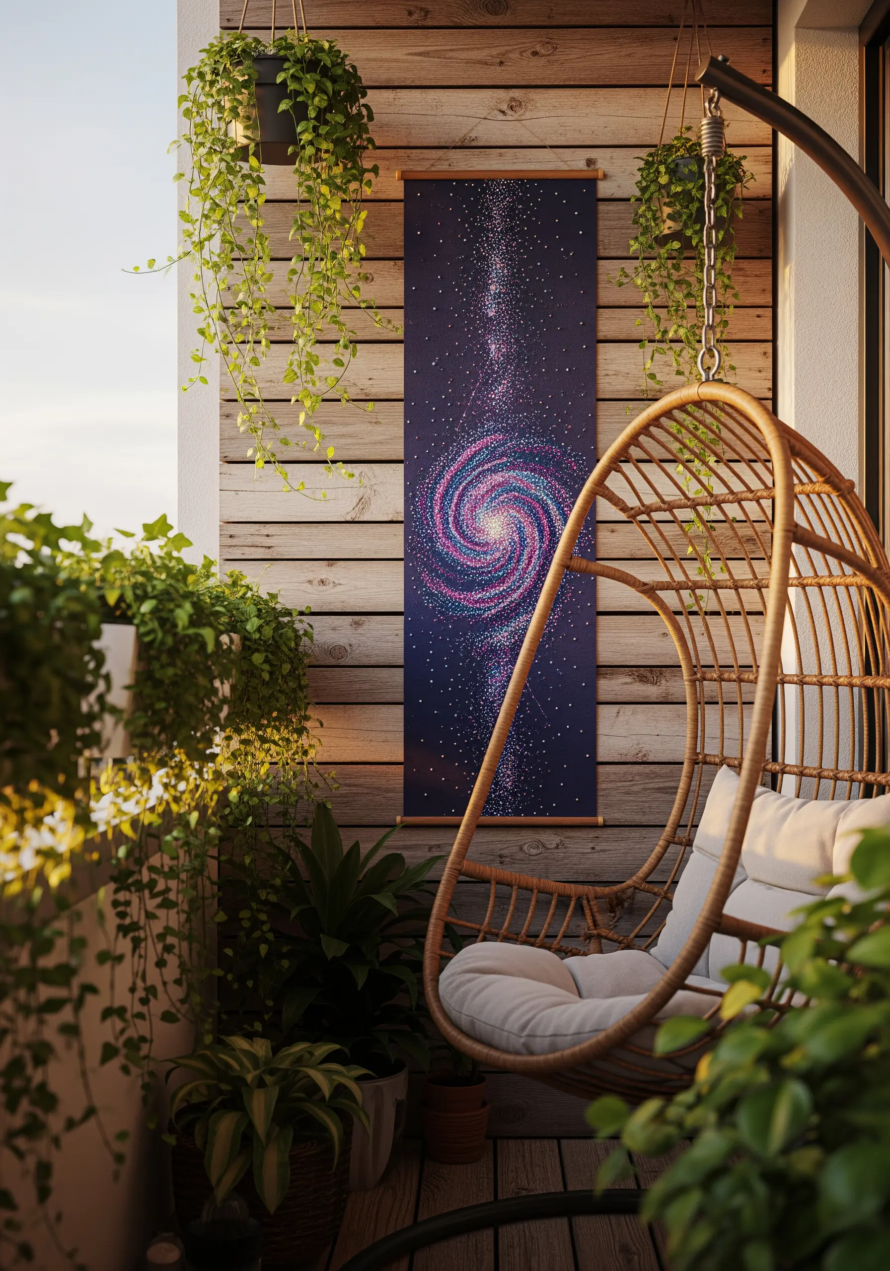 A vertical wall hanging depicting a spiral galaxy made of French knots.