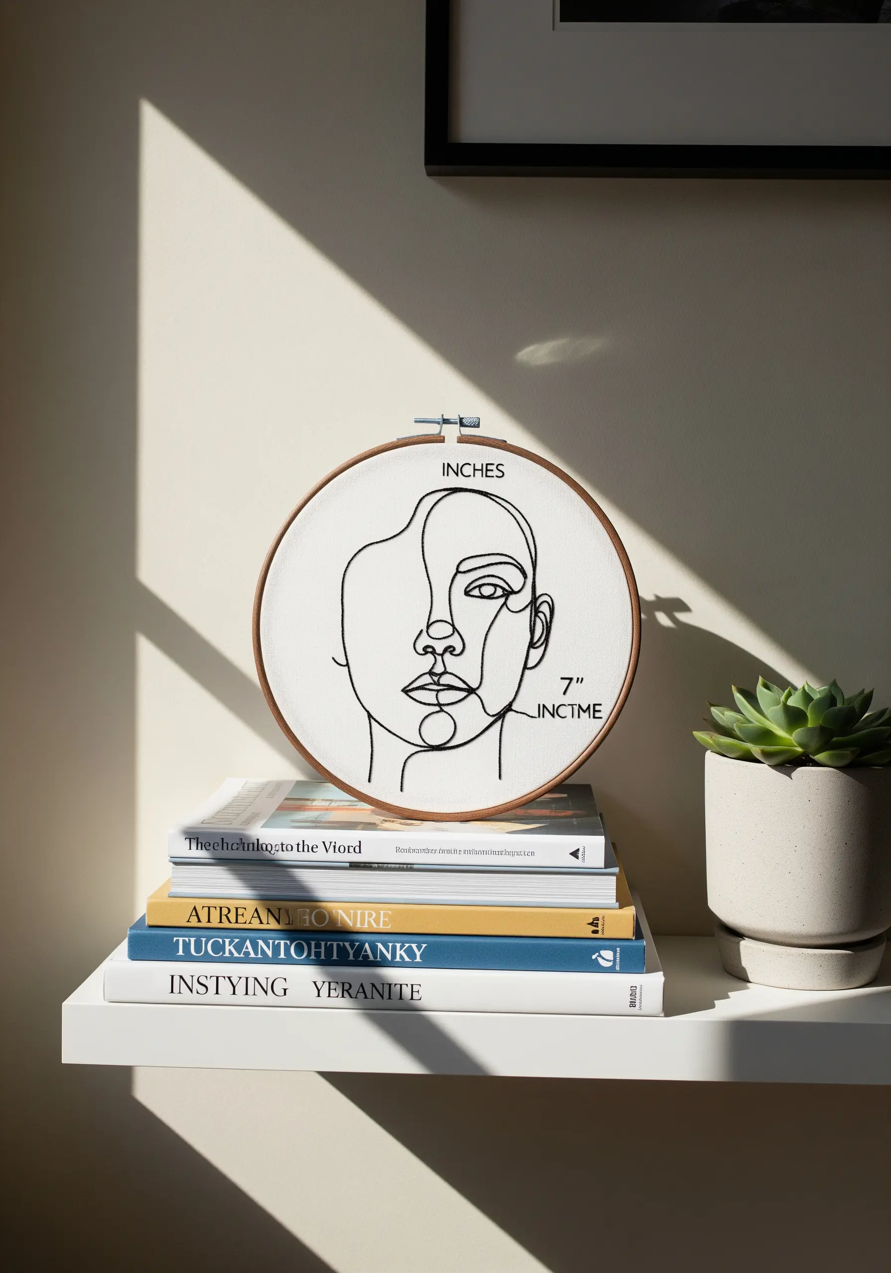 Minimalist single-line face profile embroidered in black thread on white fabric.