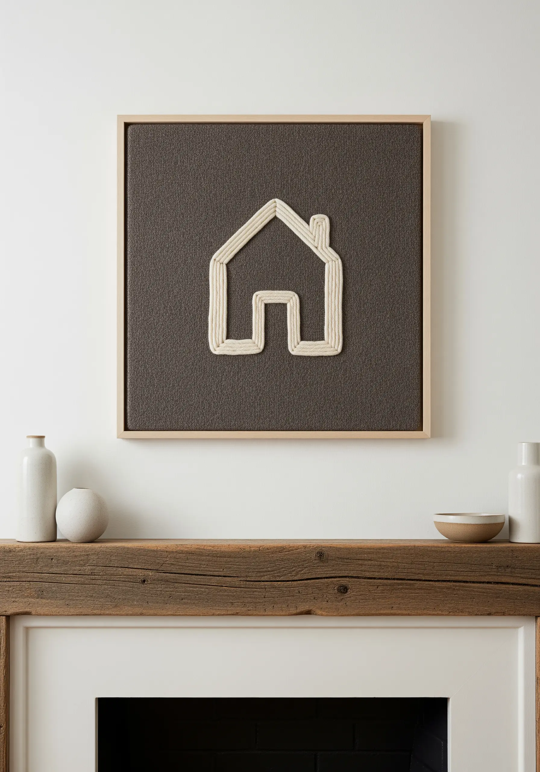 A simple house icon created by couching a thick, vanilla-colored cord onto dark fabric.