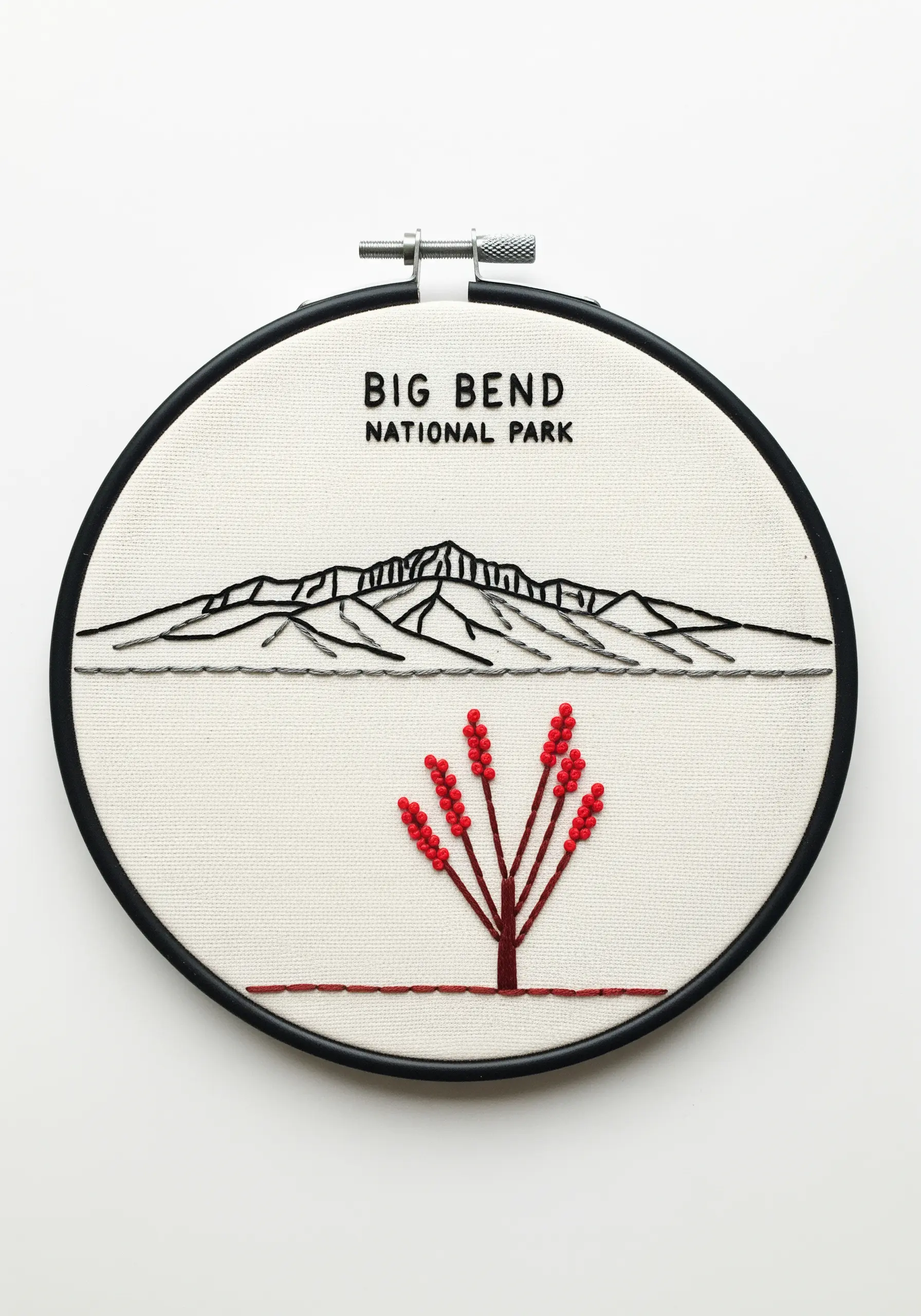 Minimalist line art embroidery of Big Bend National Park with a single red ocotillo plant.