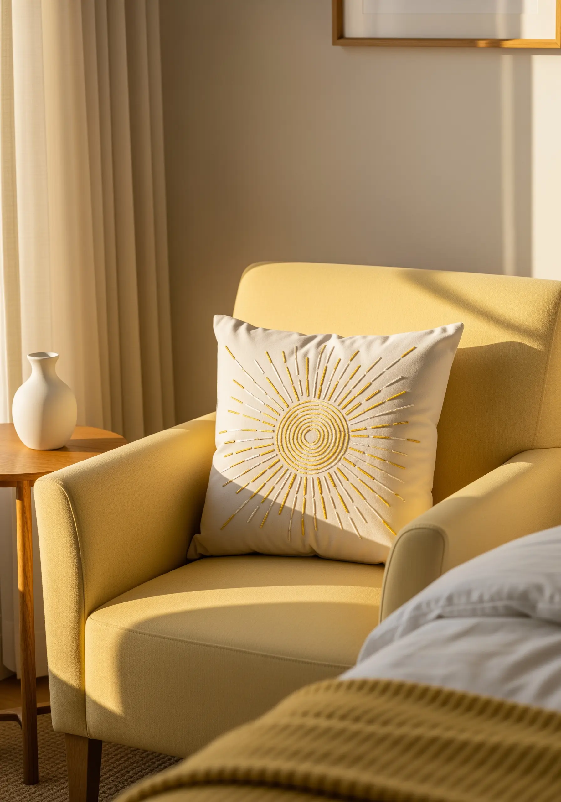 A sunburst motif with concentric circles and radiating lines embroidered in yellow.
