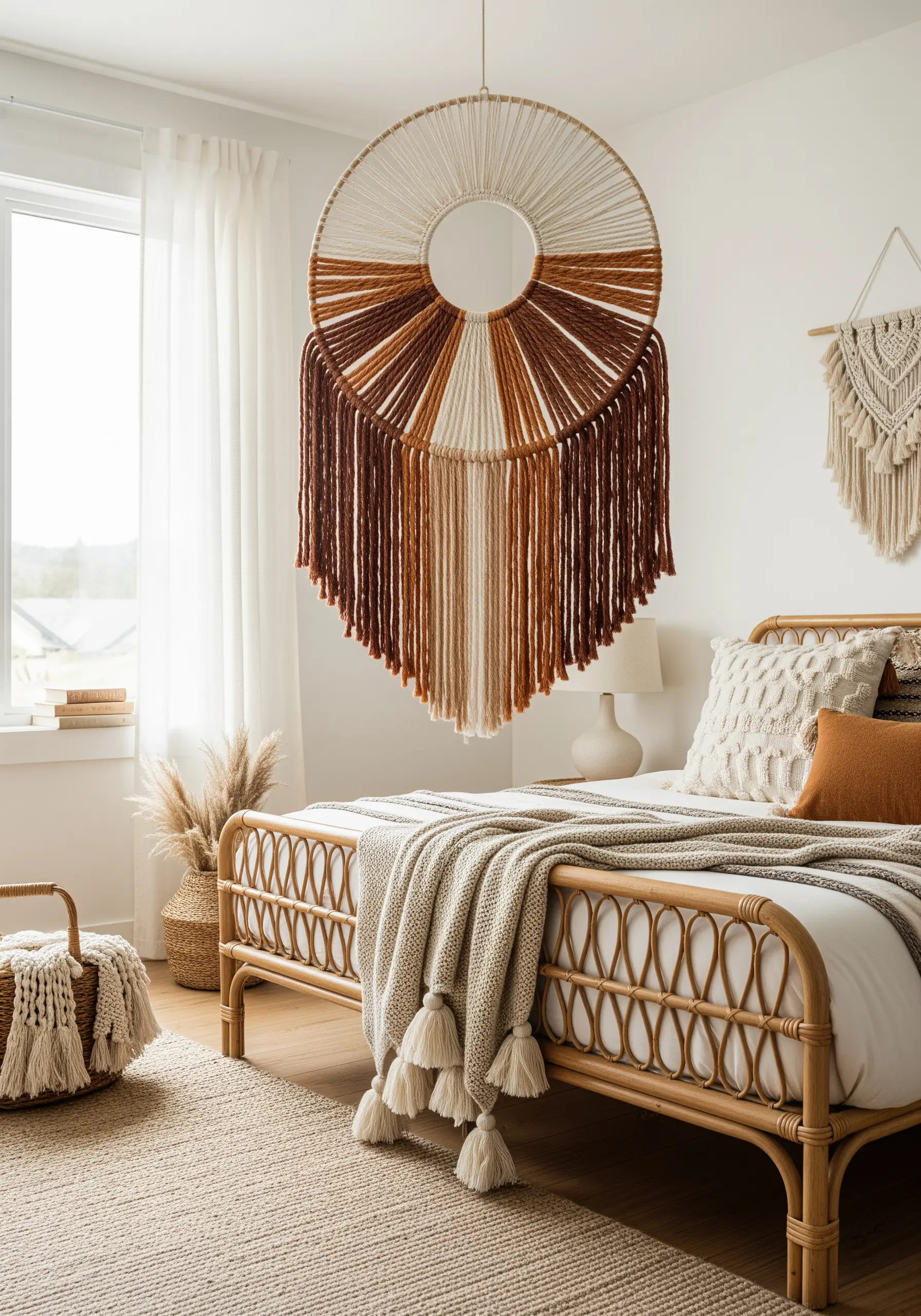 Large circular yarn wall hanging with a brown and cream gradient and long fringe.