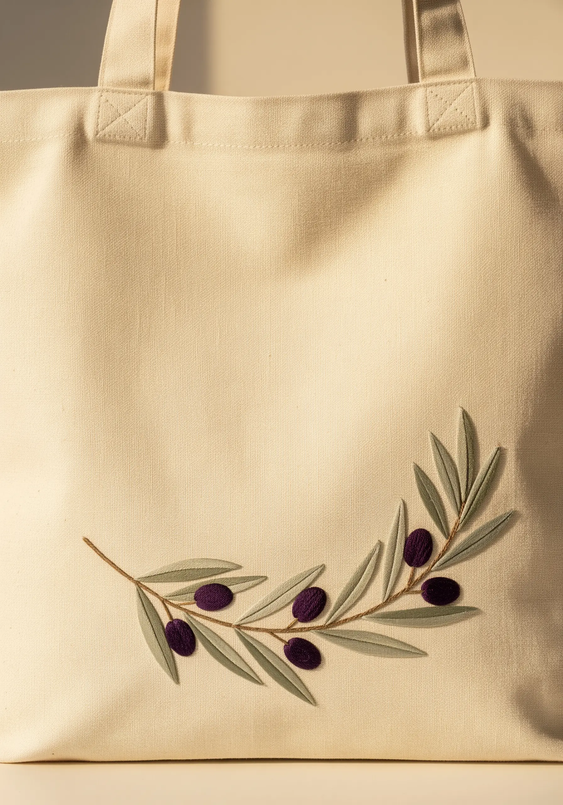 A minimal olive branch with padded satin stitch leaves and purple olives on a cream tote.