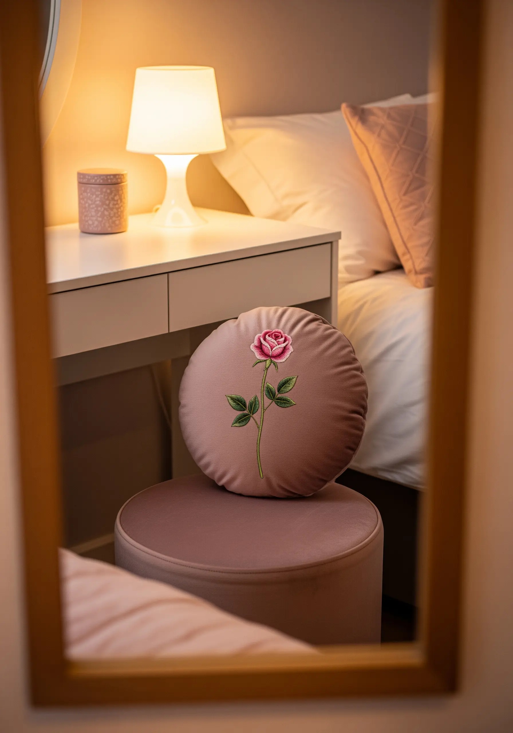 A single, realistic pink rose with a green stem embroidered on a round pink pillow.
