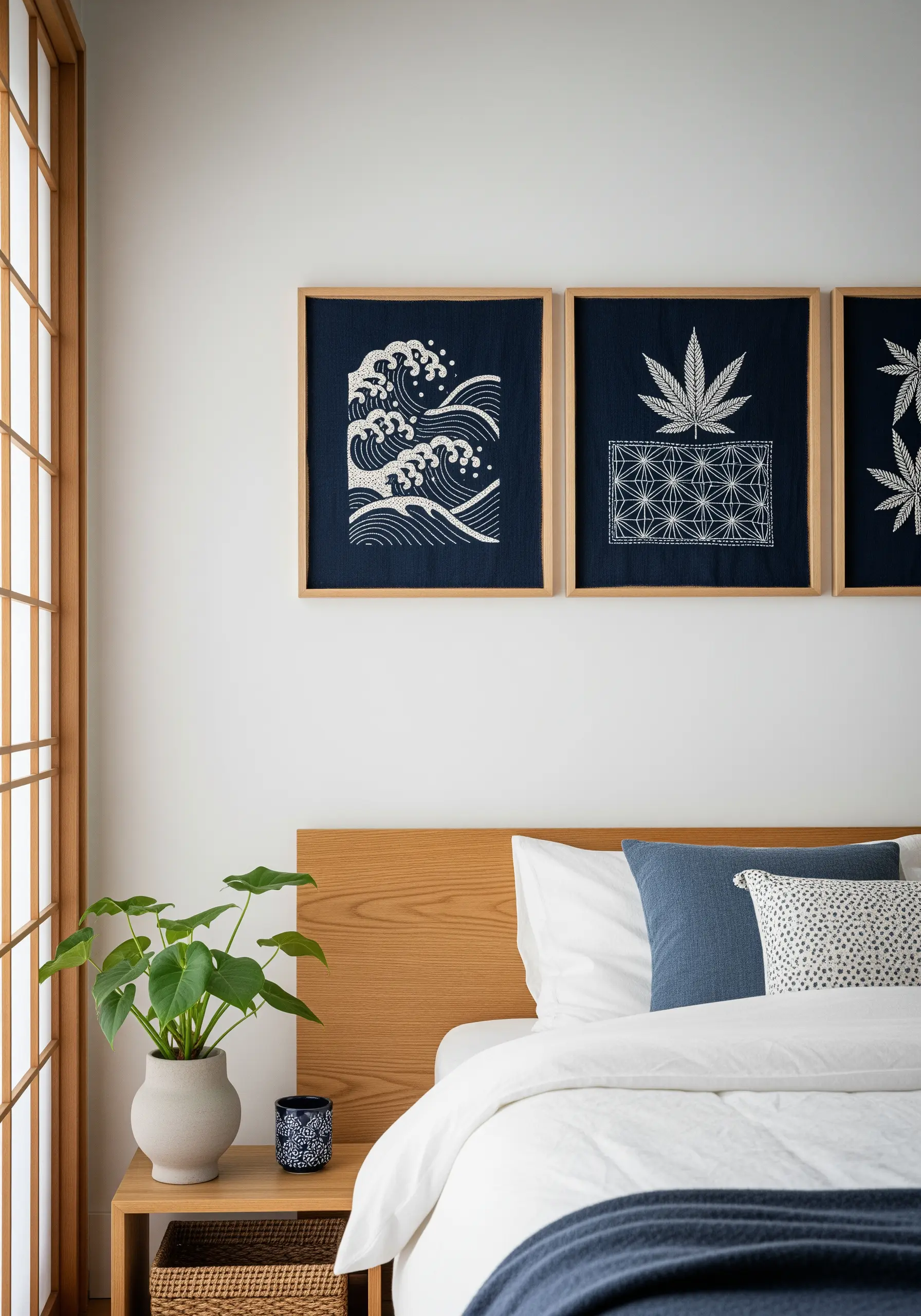 Three framed embroideries in the Japanese Sashiko style with white thread on indigo fabric.