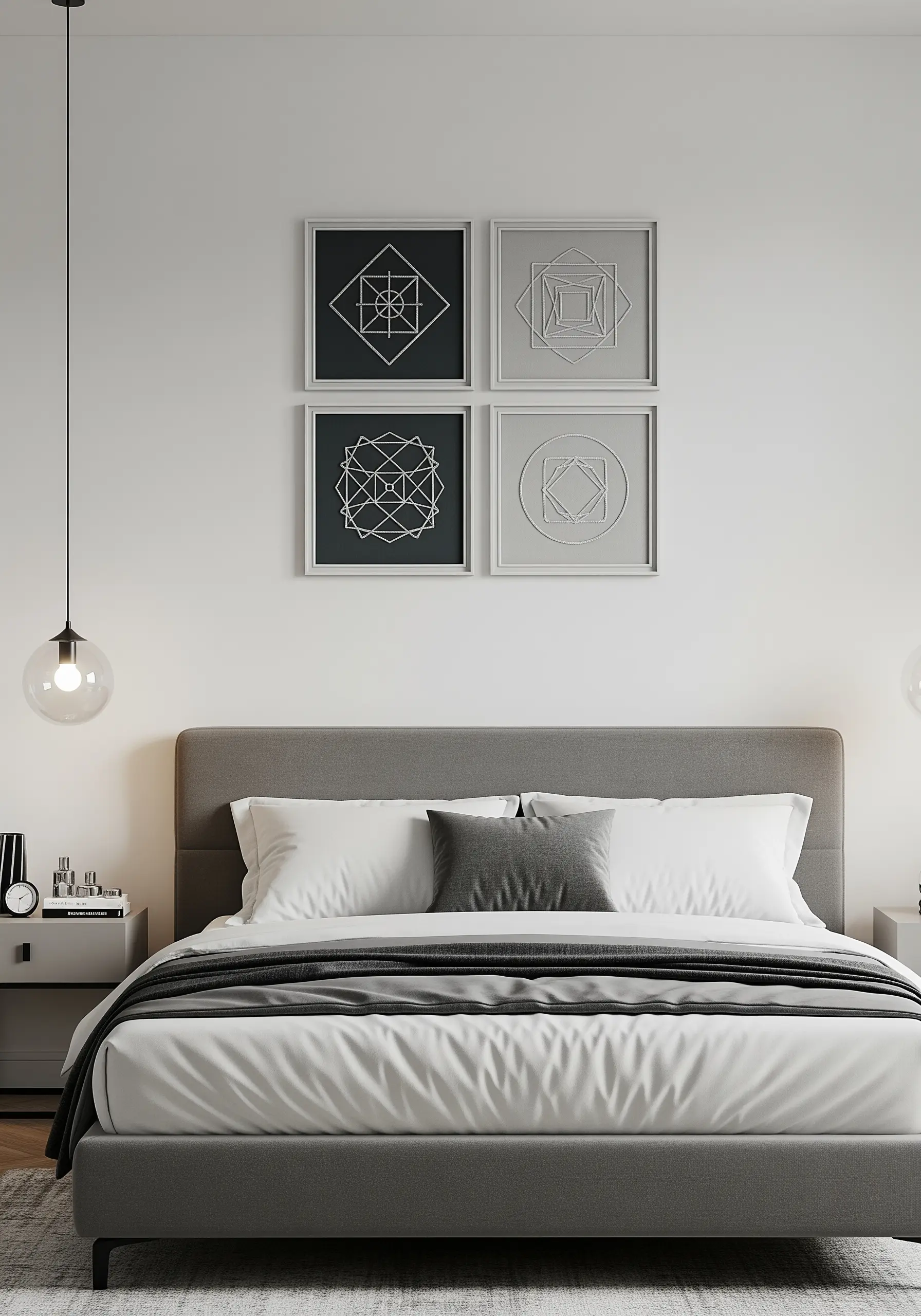 Four framed geometric designs, two on black backgrounds and two on white.