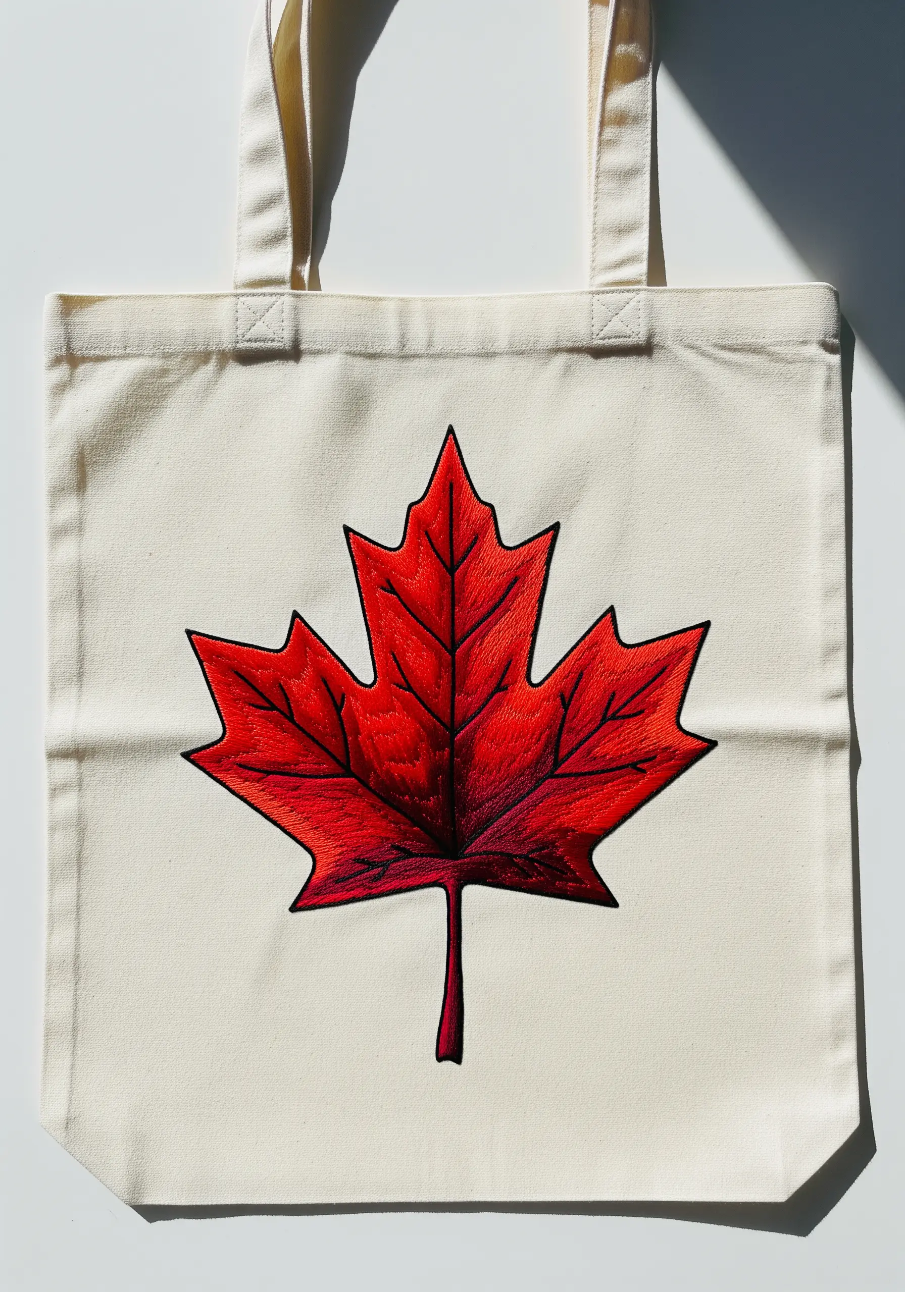 A vibrant red and burgundy maple leaf with a black outline on a cream tote bag.