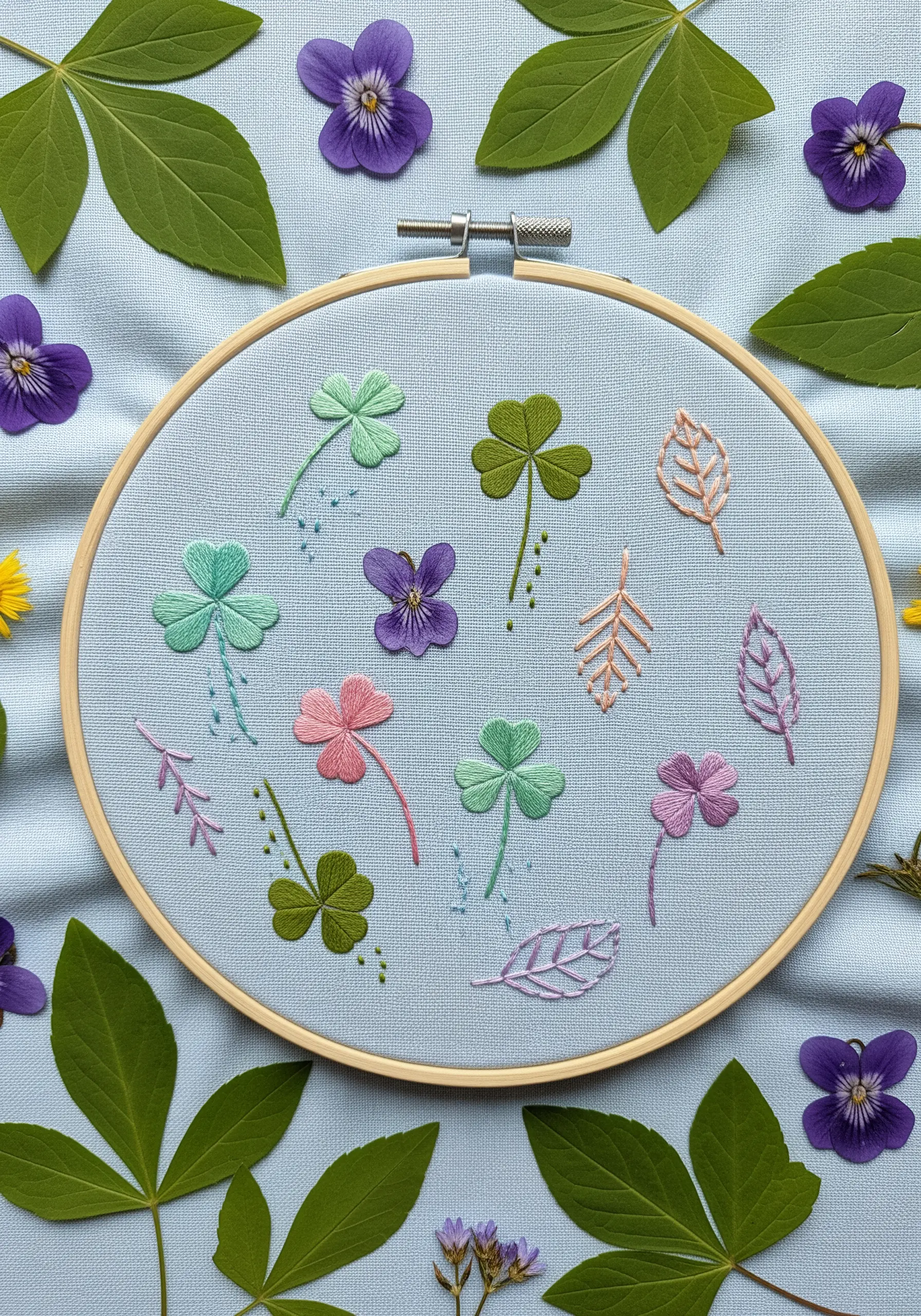 An embroidery hoop with small, scattered motifs of clovers, violets, and leaves.