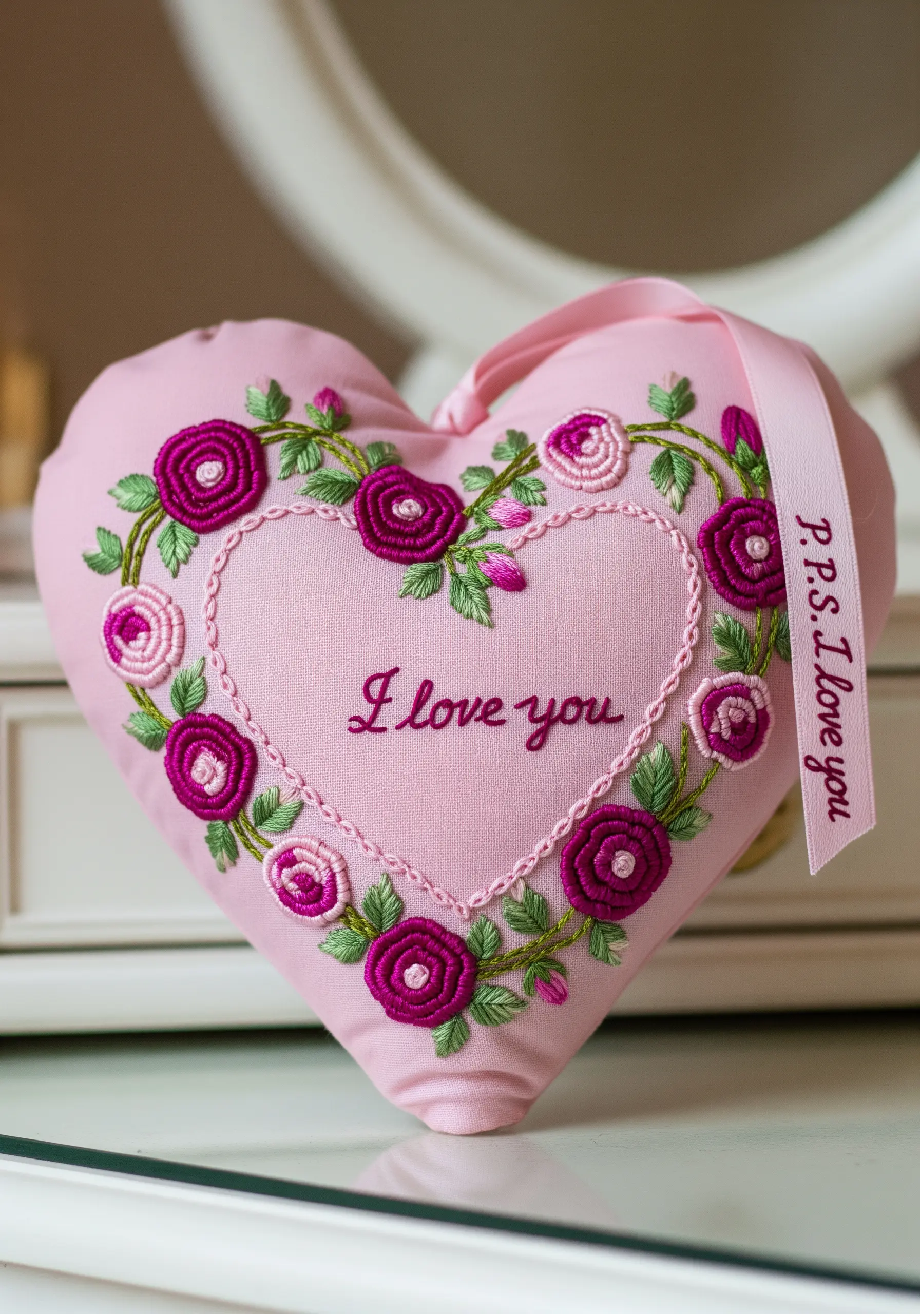 A heart-shaped pink sachet embroidered with a wreath of roses and an 'I love you' message.