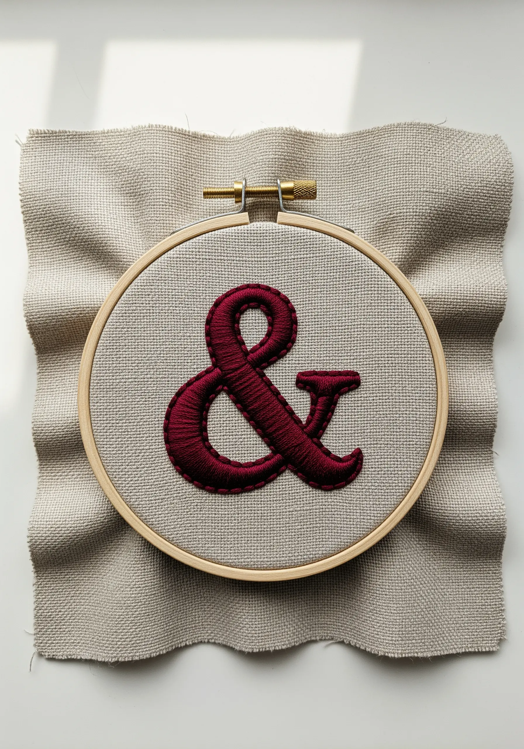 A dimensional, deep red ampersand created with a padded satin stitch on gray linen.