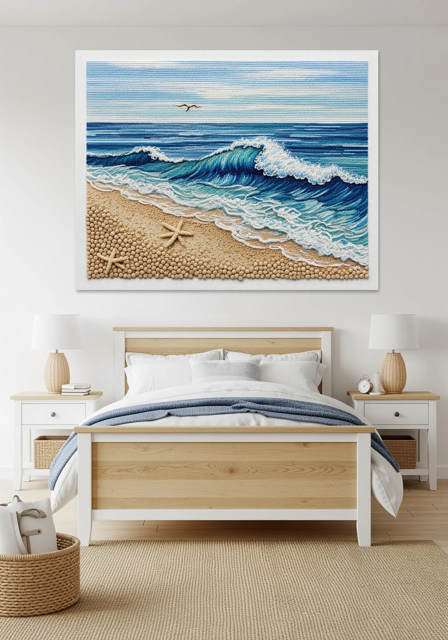 A large framed embroidery of a beach scene with textured waves and French knot sand.