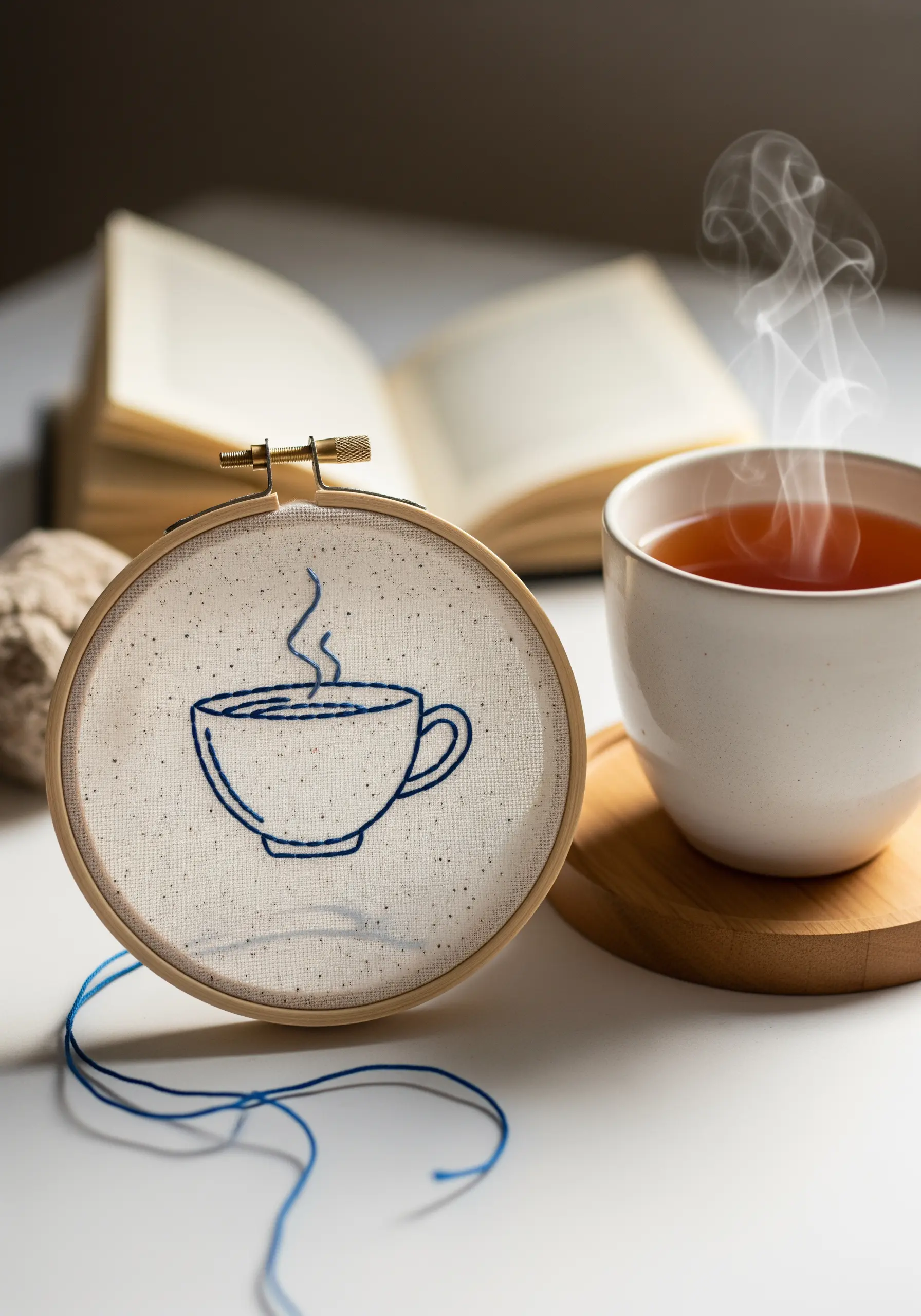 A simple line art embroidery of a coffee cup with steam on natural fabric.