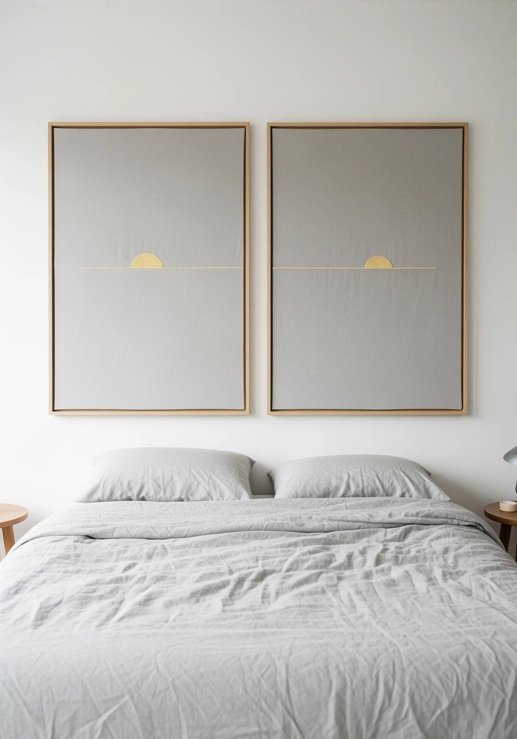 A diptych of two framed embroideries showing a minimalist golden sunrise over a horizon line.