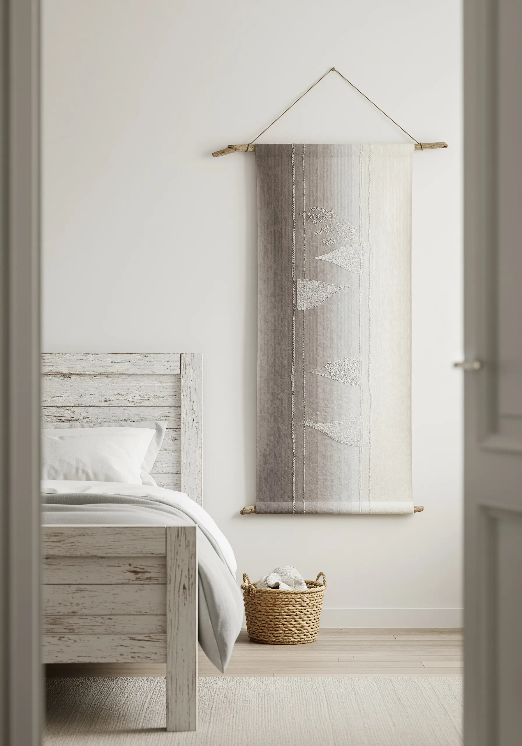 Long wall banner with a vertical grey-to-white gradient and small white motifs.