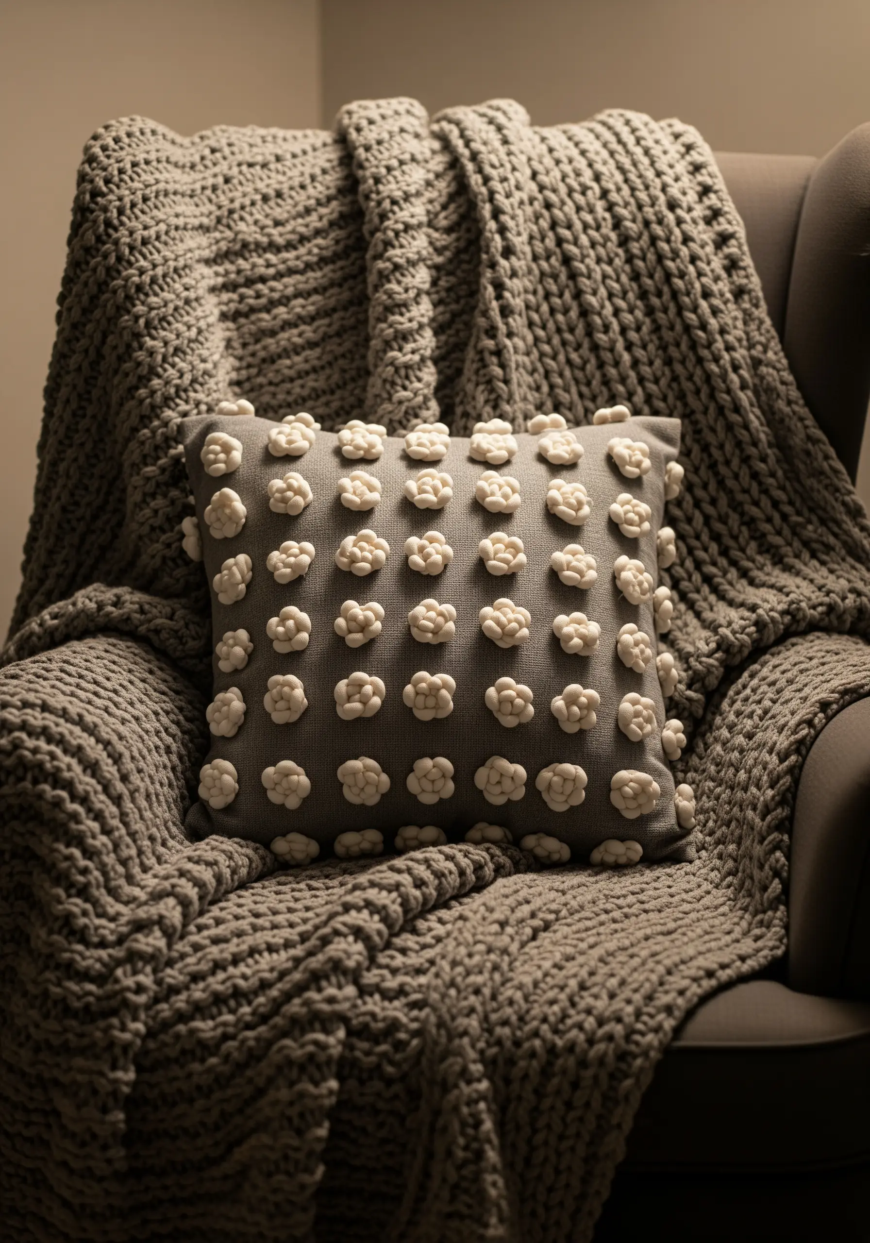 A grey pillow covered in a grid of raised, knotted cream-colored embroidery.