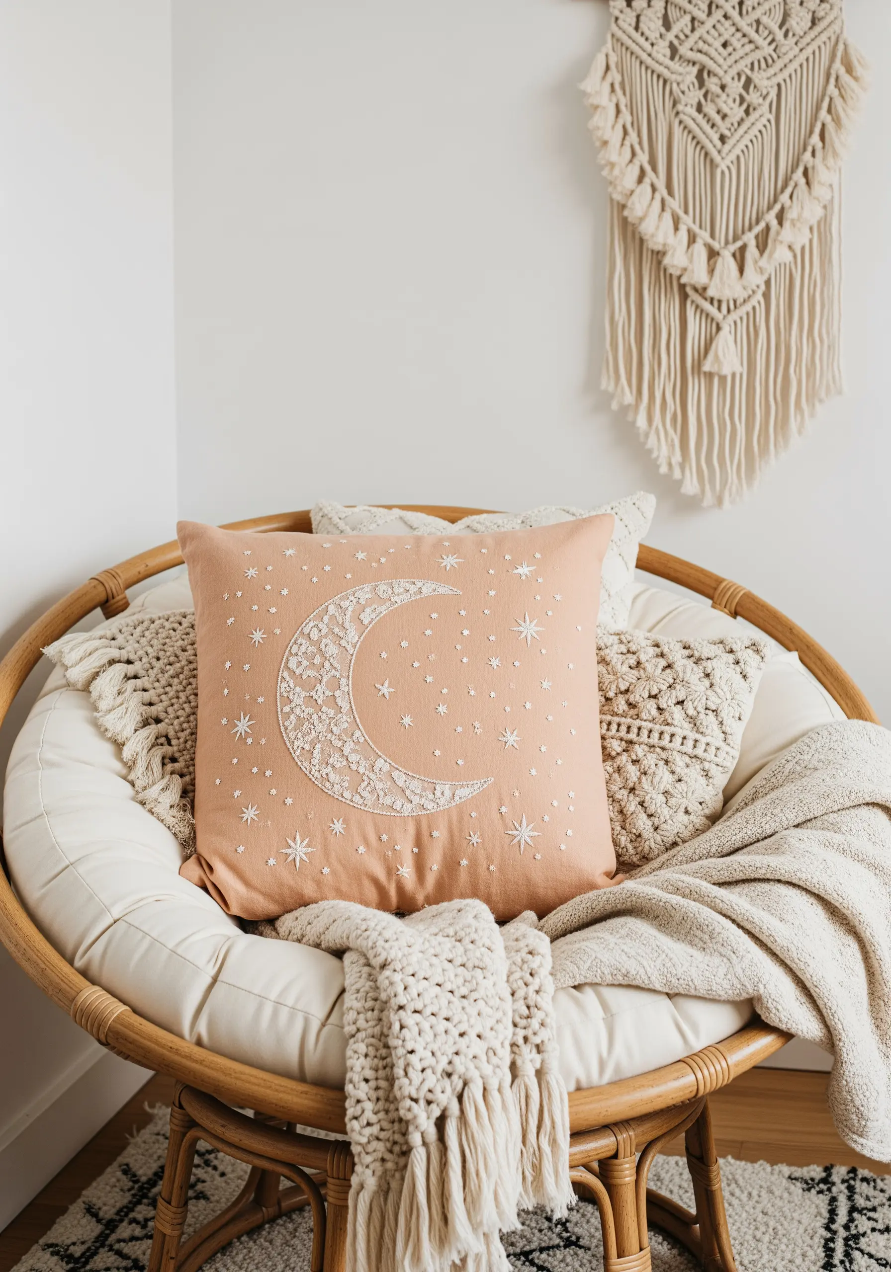 A crescent moon filled with textured white embroidery on a peach pillow.