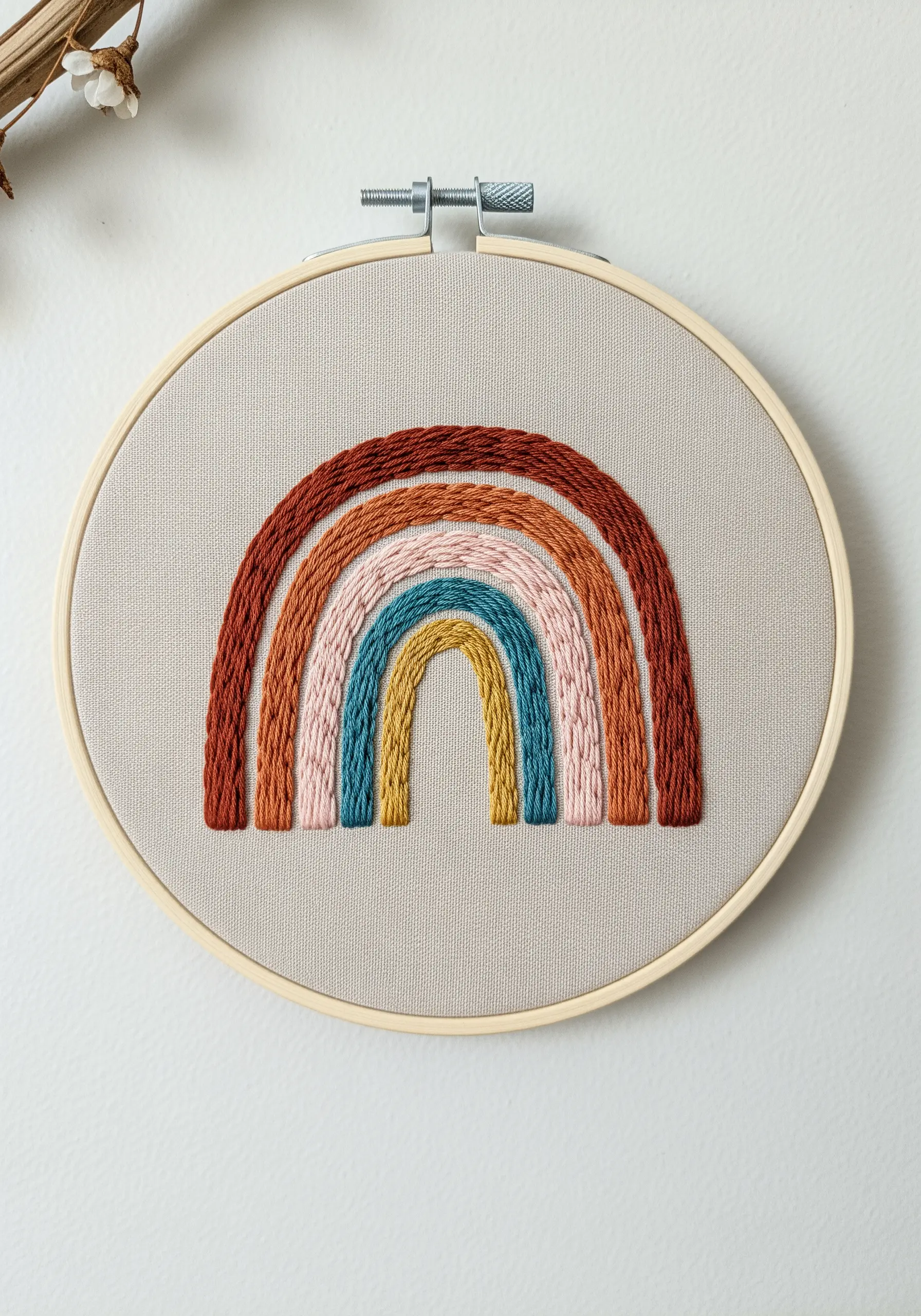 Modern rainbow with textured arches in warm, earthy colors on neutral fabric.