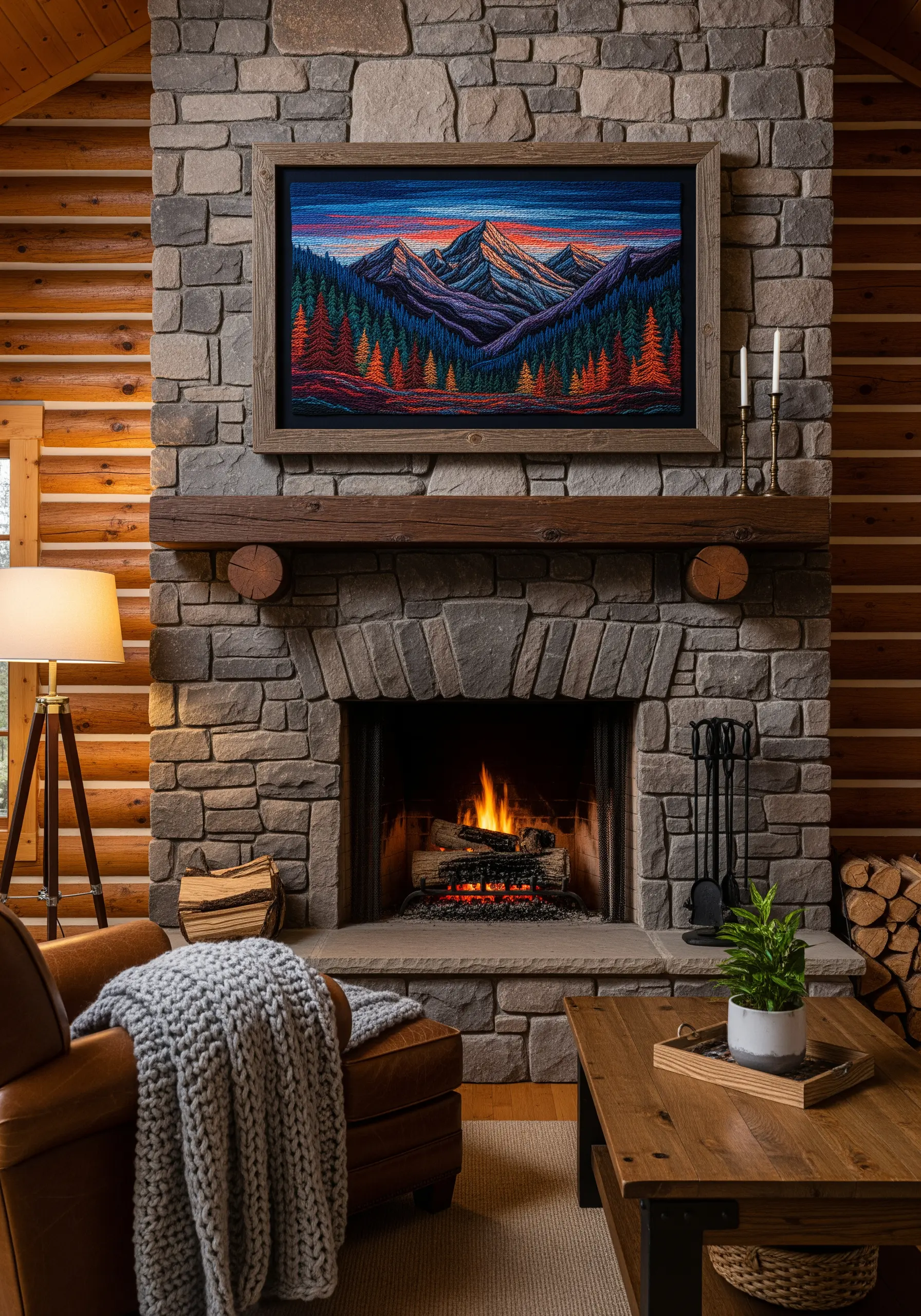 Large framed embroidery of a mountain landscape at sunset hanging over a stone fireplace.