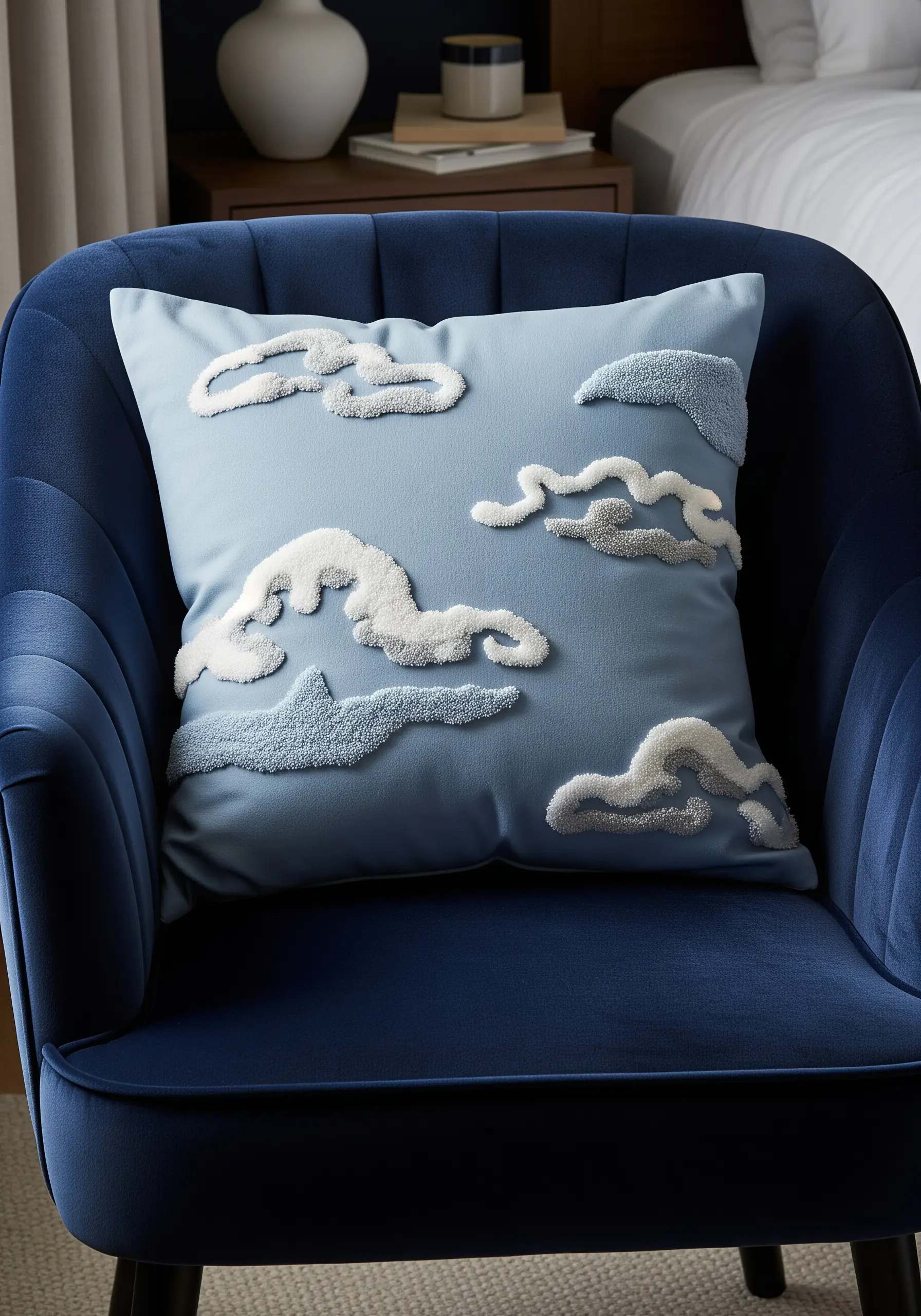 Fluffy, three-dimensional embroidered clouds in white and grey on a light blue pillow.