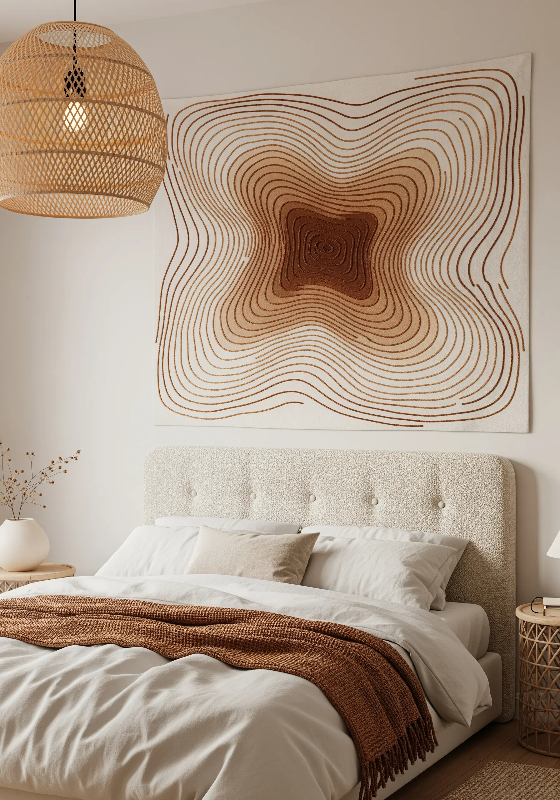 Large square textile art with swirling, topographical lines in a brown gradient.