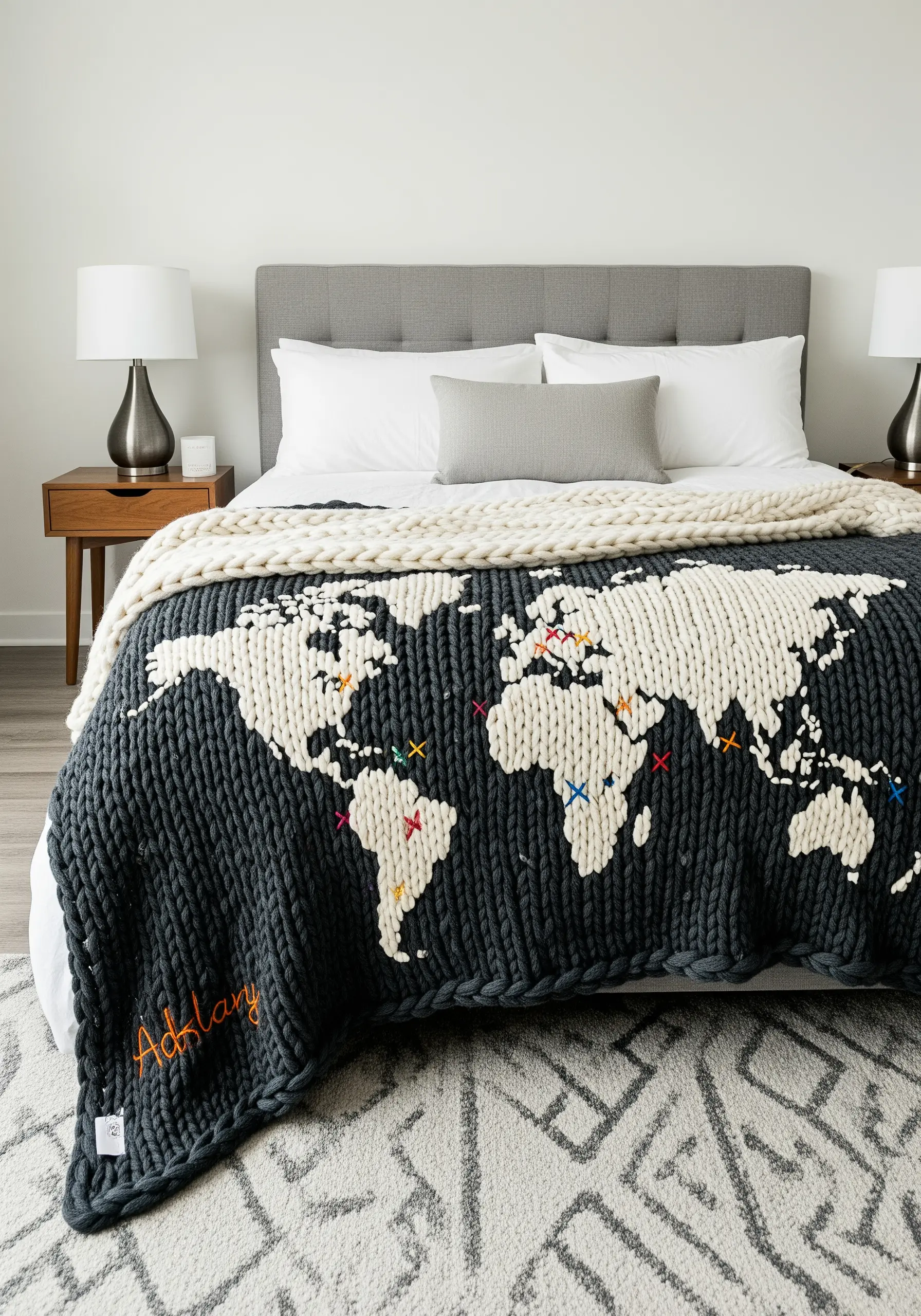 A chunky dark grey knit blanket with a cream world map and colorful travel markers embroidered on it.