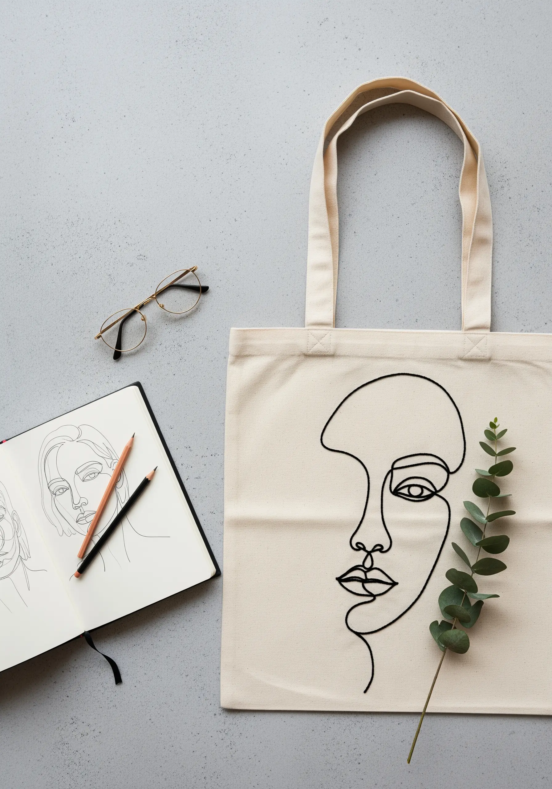 Abstract face embroidered with a single continuous black line on a canvas tote.