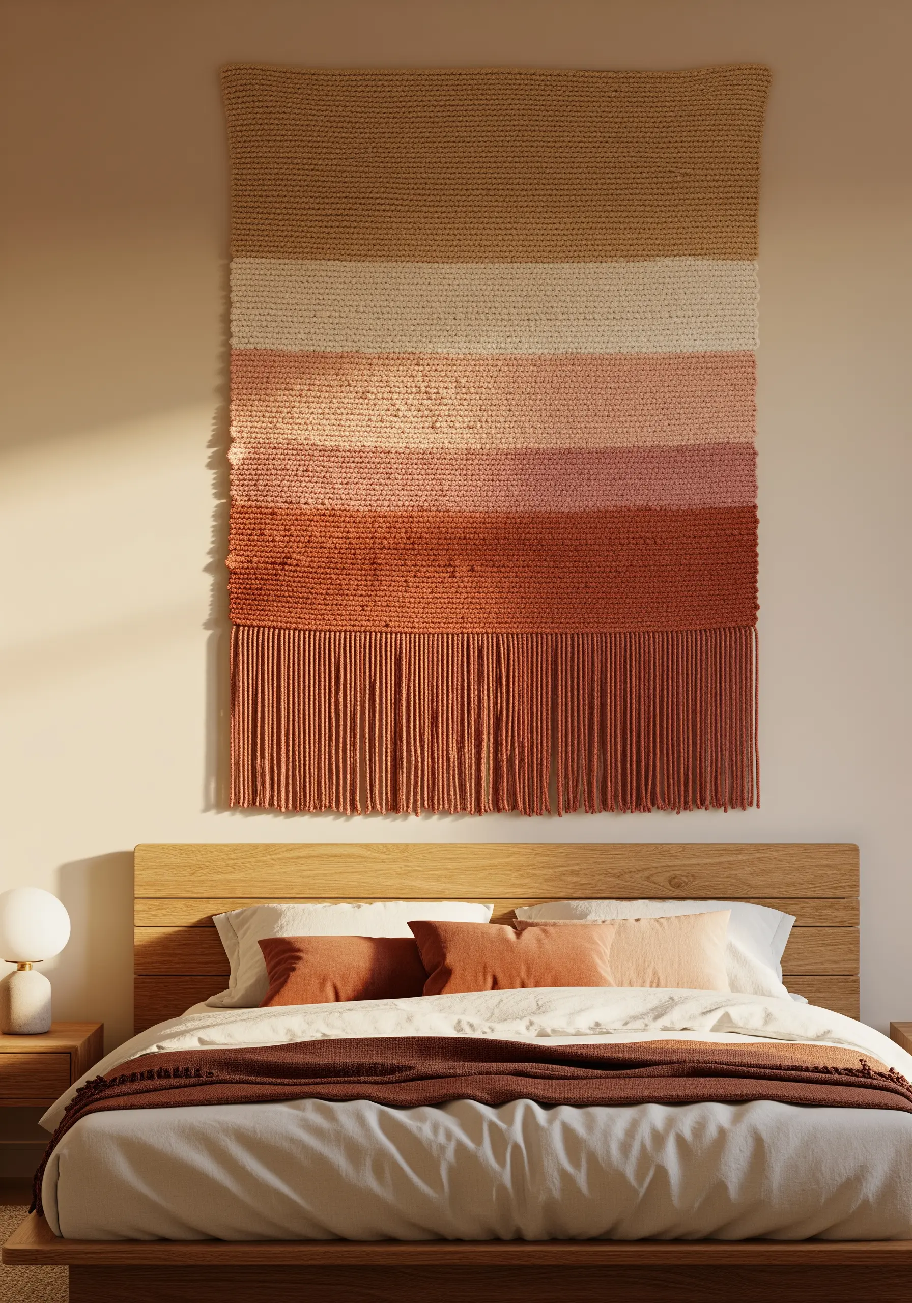 Large woven wall hanging with horizontal stripes in a warm, earthy gradient.