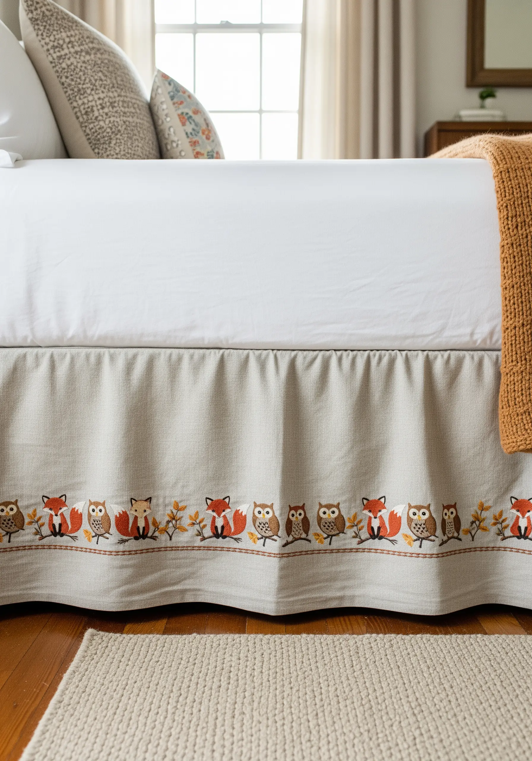 A linen bed skirt with a repeating border of embroidered foxes, owls, and autumn leaves.
