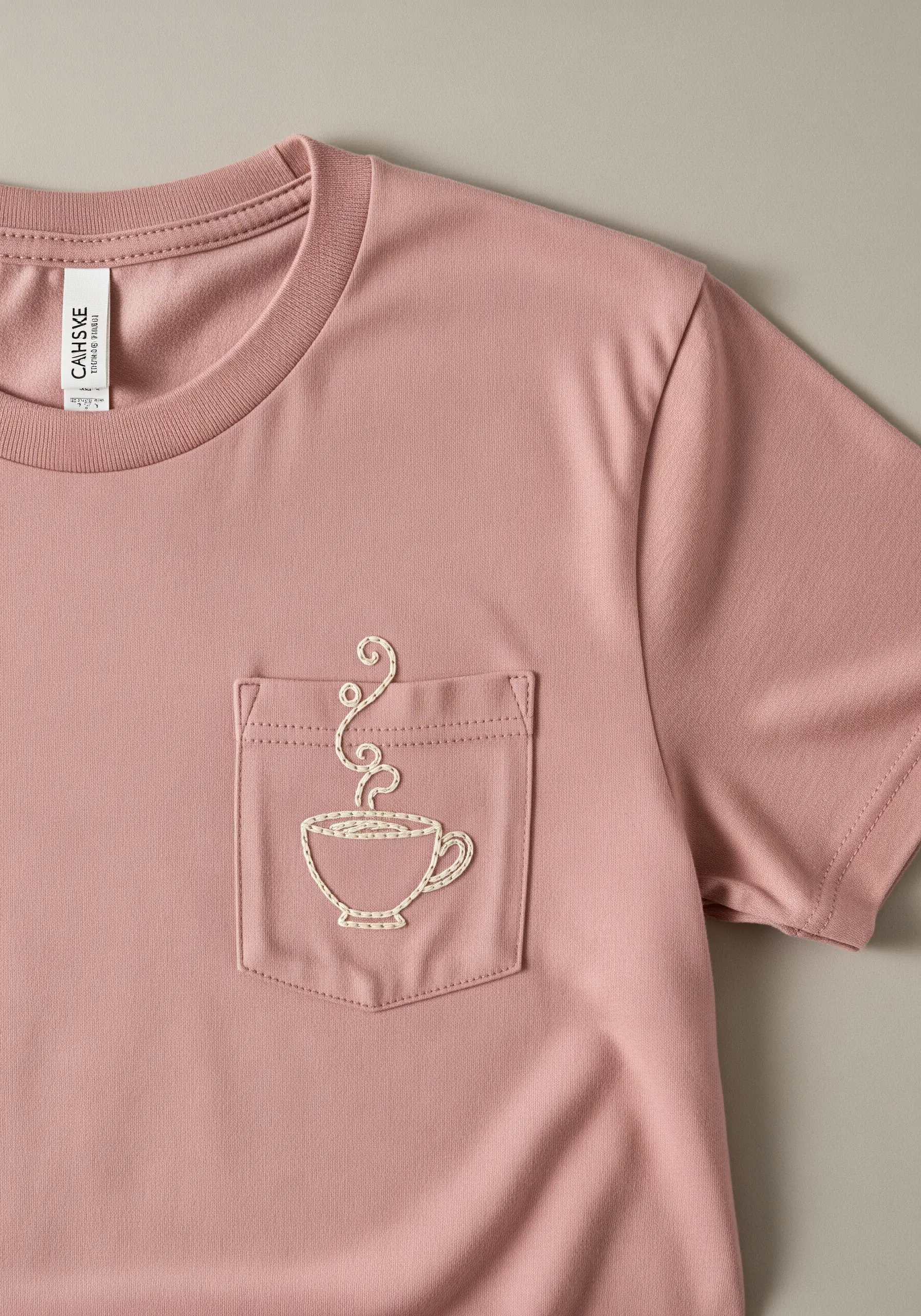 A whipped backstitch outline of a steaming coffee cup on a t-shirt pocket.
