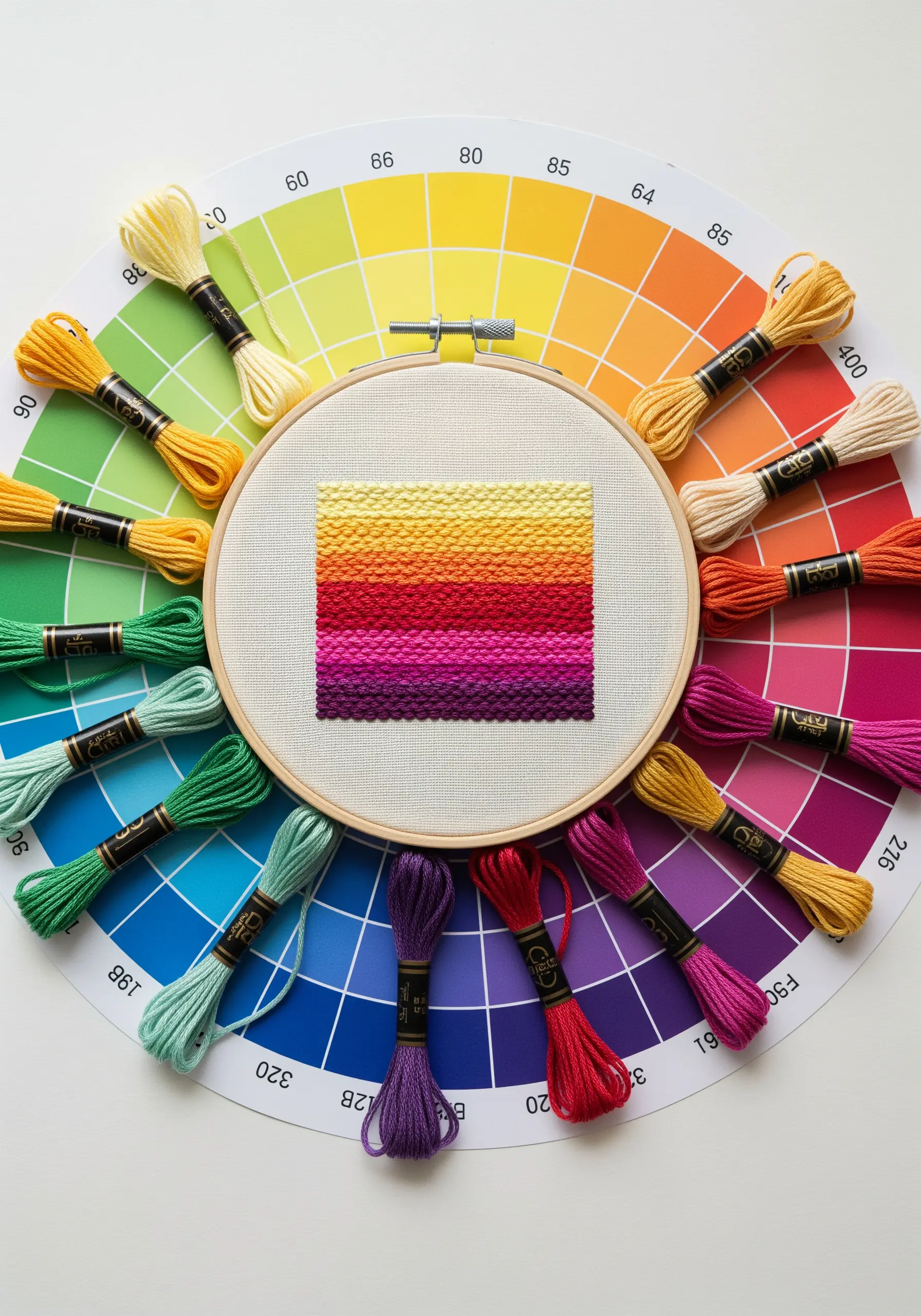 Embroidered color gradient swatch in a hoop placed on a color wheel.