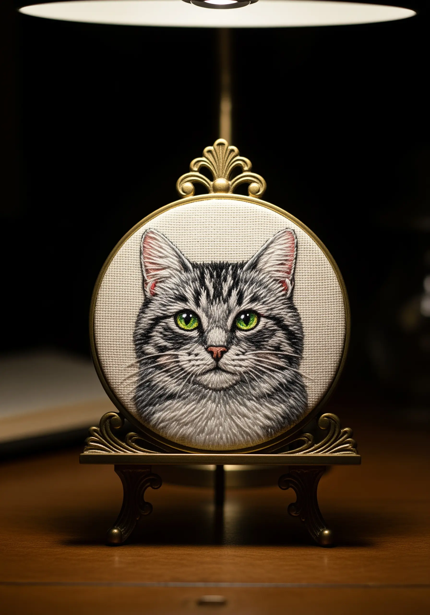 A realistic thread-painted portrait of a silver tabby cat with green eyes in an ornate frame.