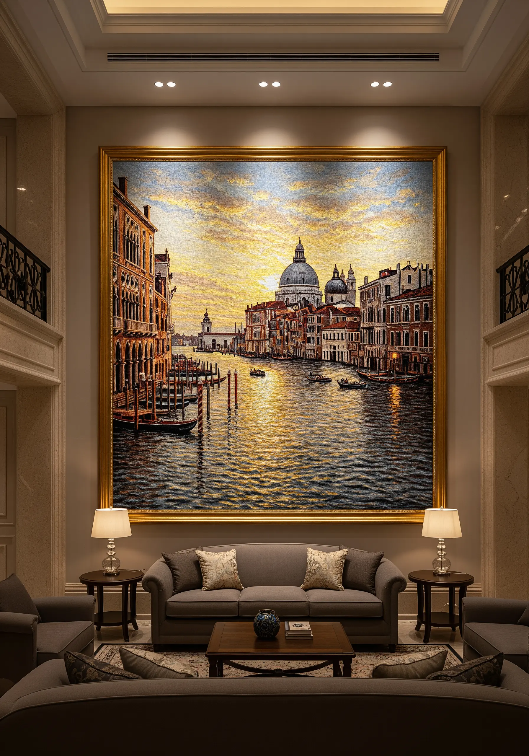 A massive, hyper-realistic embroidered tapestry of a Venetian canal at sunset.
