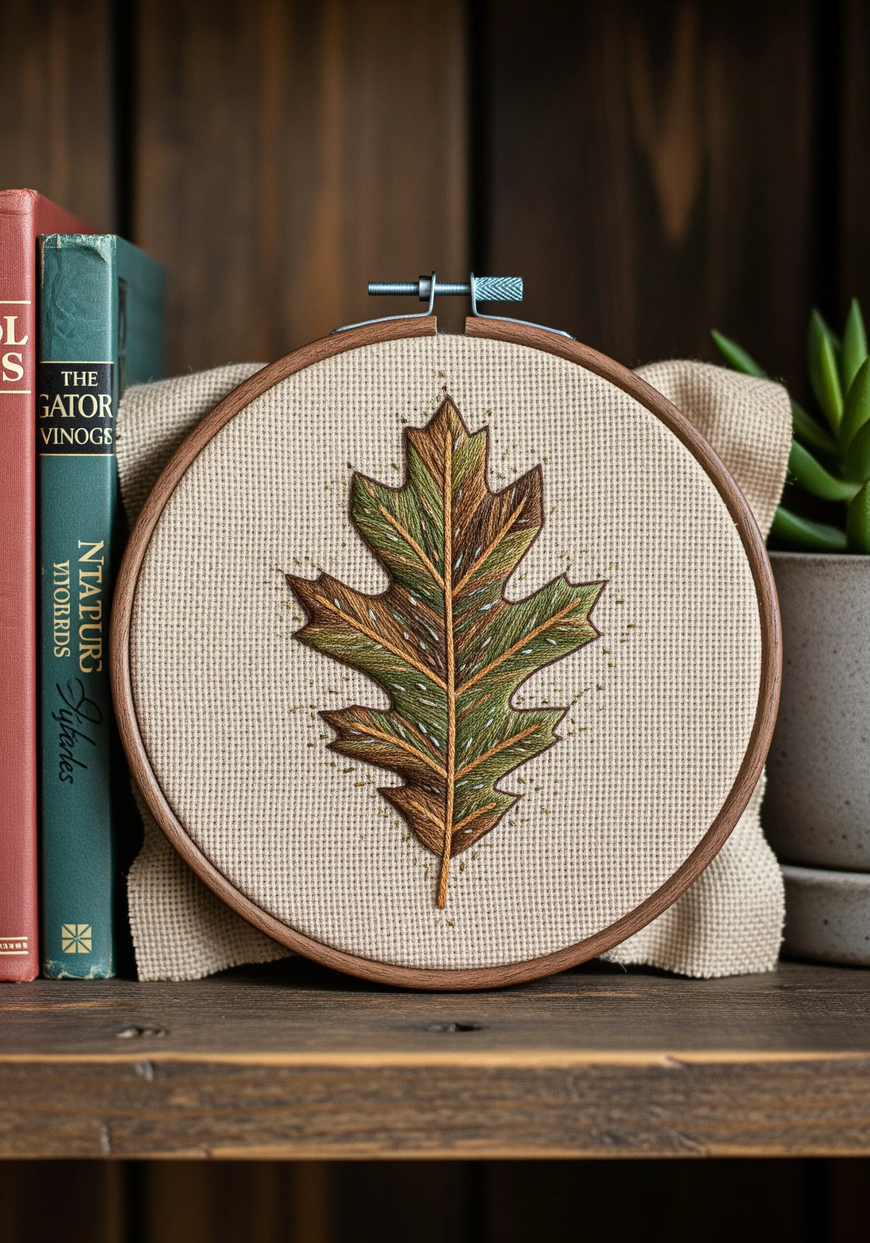 An embroidered oak leaf with blended greens and browns, mimicking natural color variations.