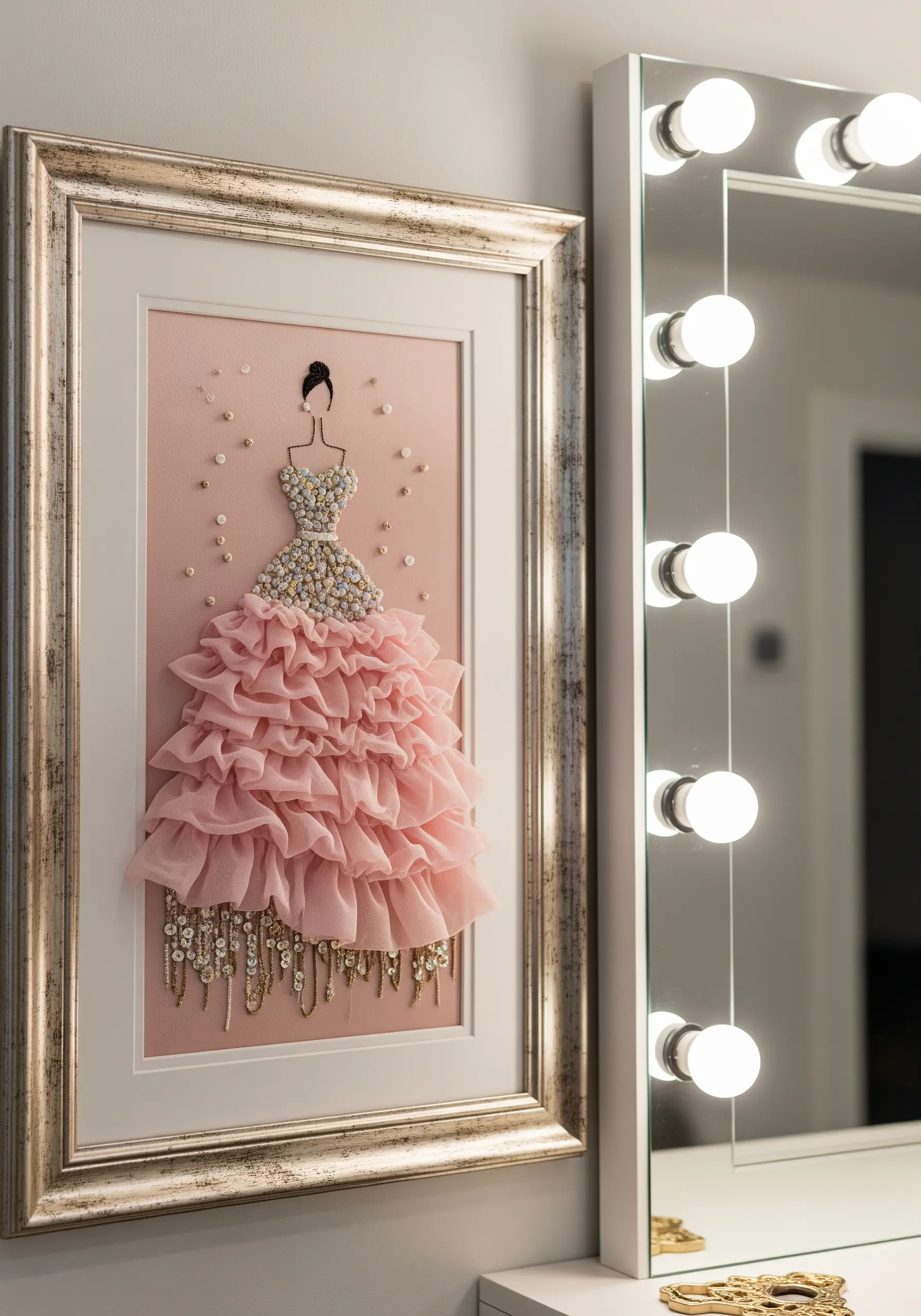 A mixed-media artwork of a pink ballgown using fabric ruffles, beads, and embroidery.