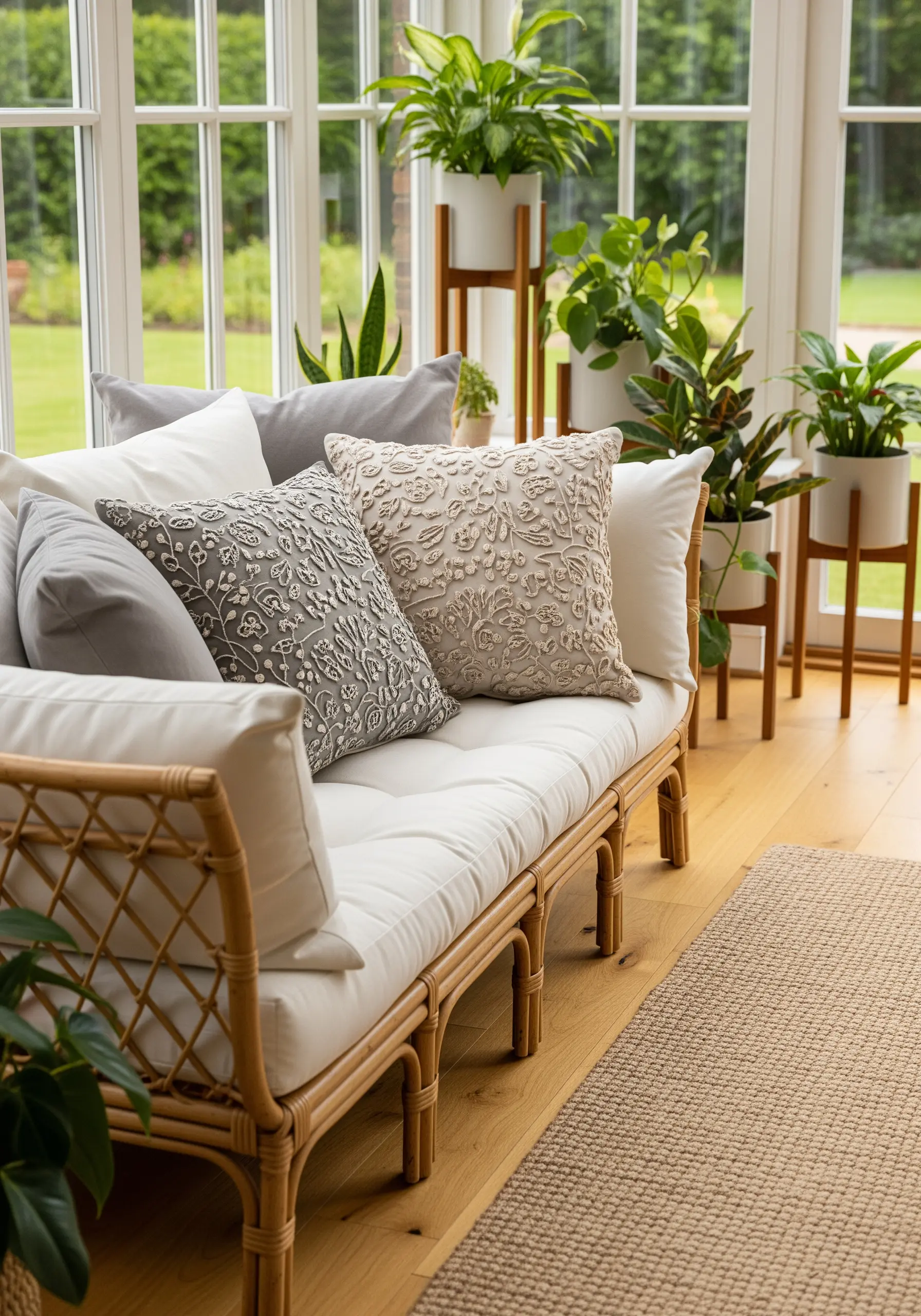 Greige and ivory pillows with dense, all-over chain stitch embroidery in swirling patterns.