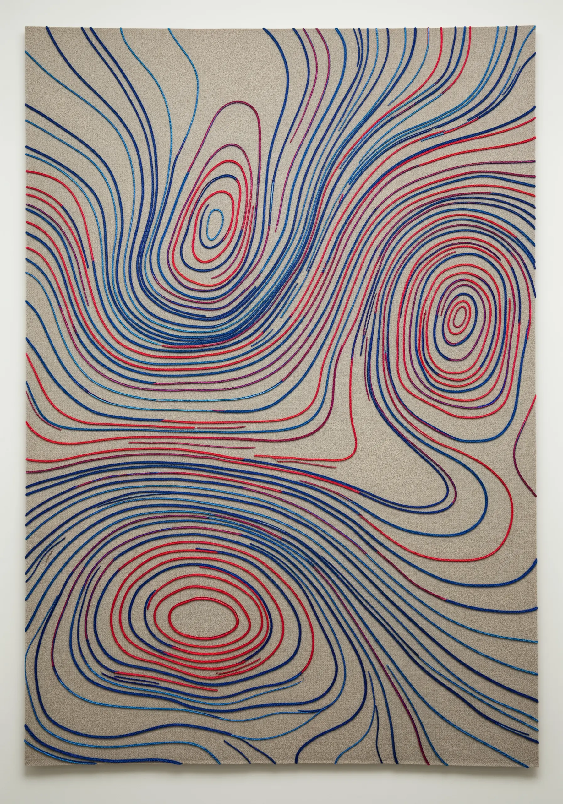 Large-scale embroidery of flowing topographic contour lines in red and blue.
