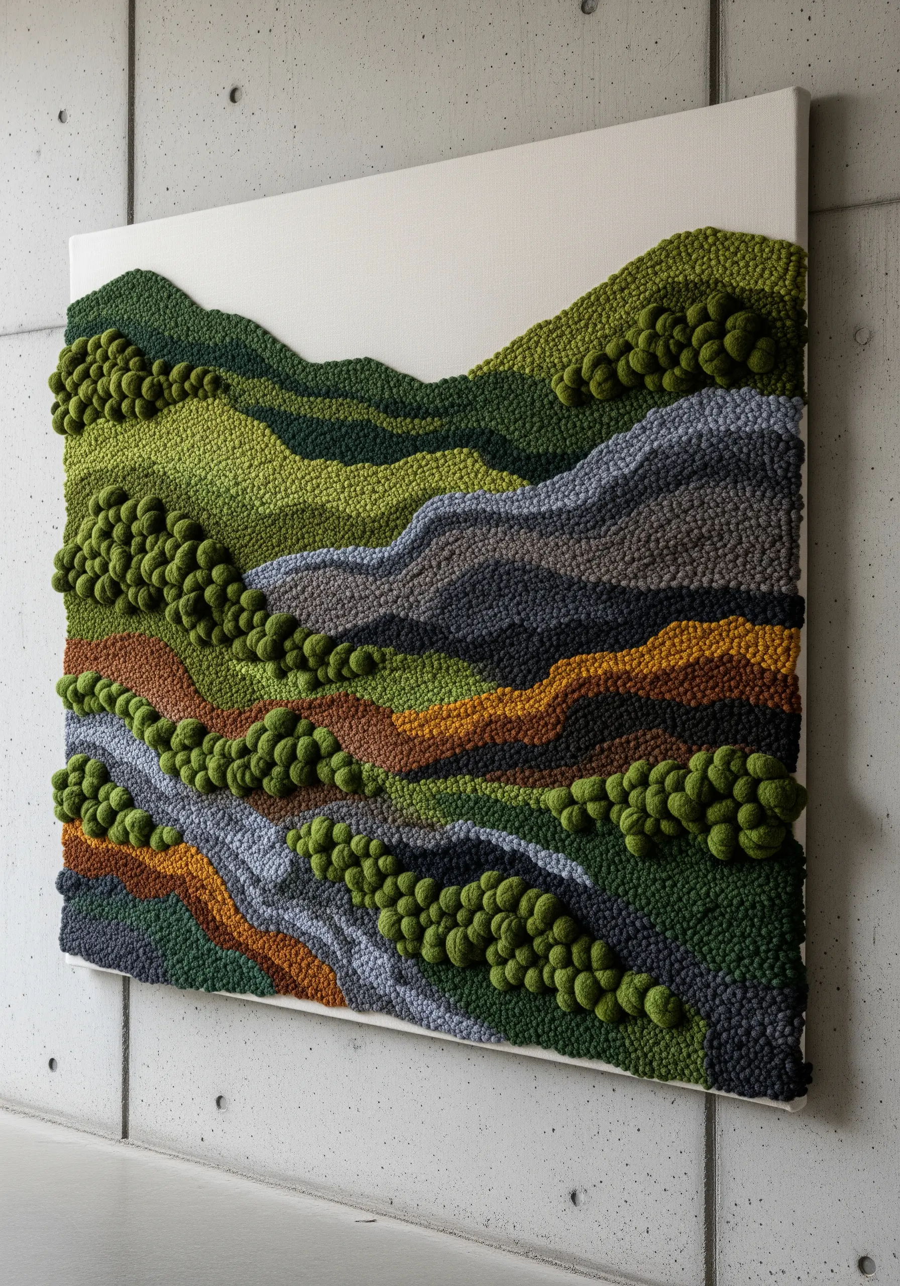 A punch needle landscape with varied loop heights creating 3D hills and textures.