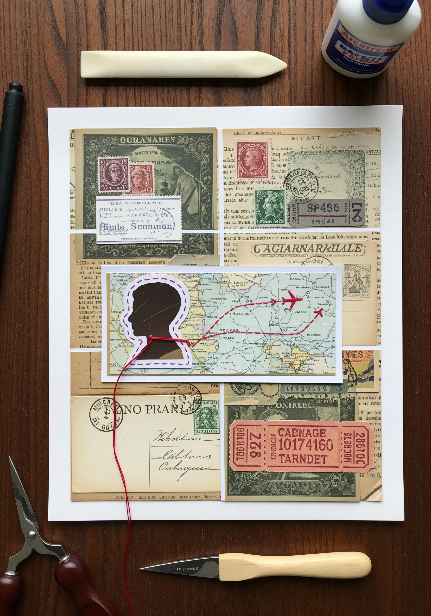 A travel-themed collage with a red thread stitched in a path across a map and silhouette.