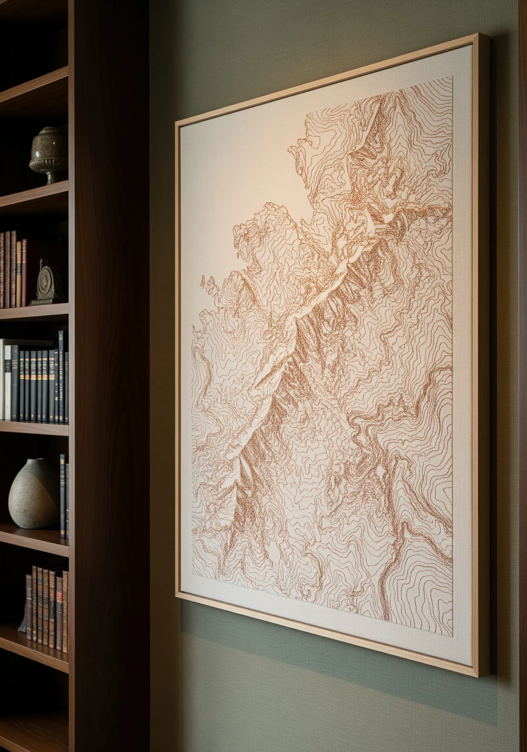 A detailed topographic map embroidered with copper metallic thread on a large, framed canvas.
