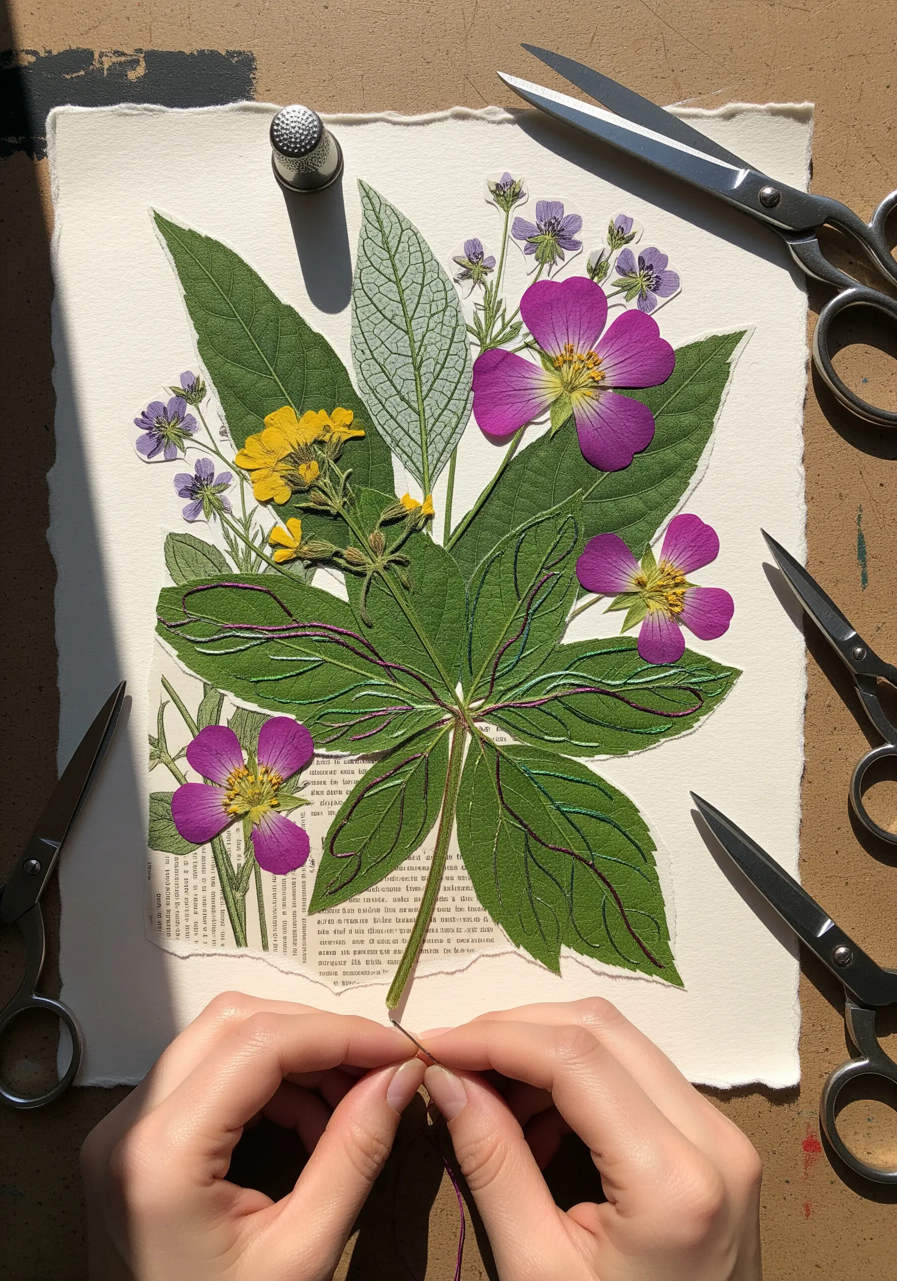 Pressed flowers and leaves on paper with realistic veins embroidered in variegated thread.