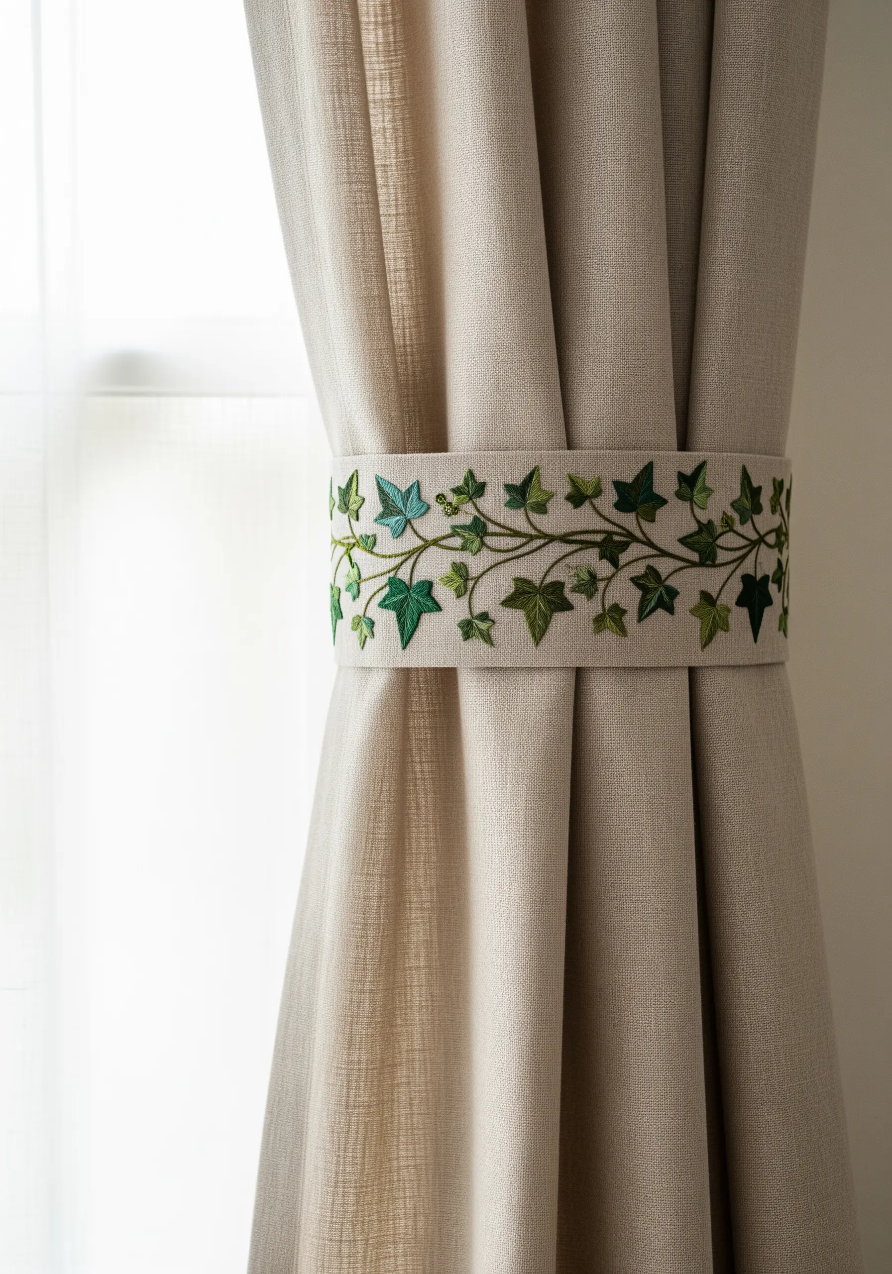 An embroidered ivy vine with green and variegated leaves on a curtain tie-back.