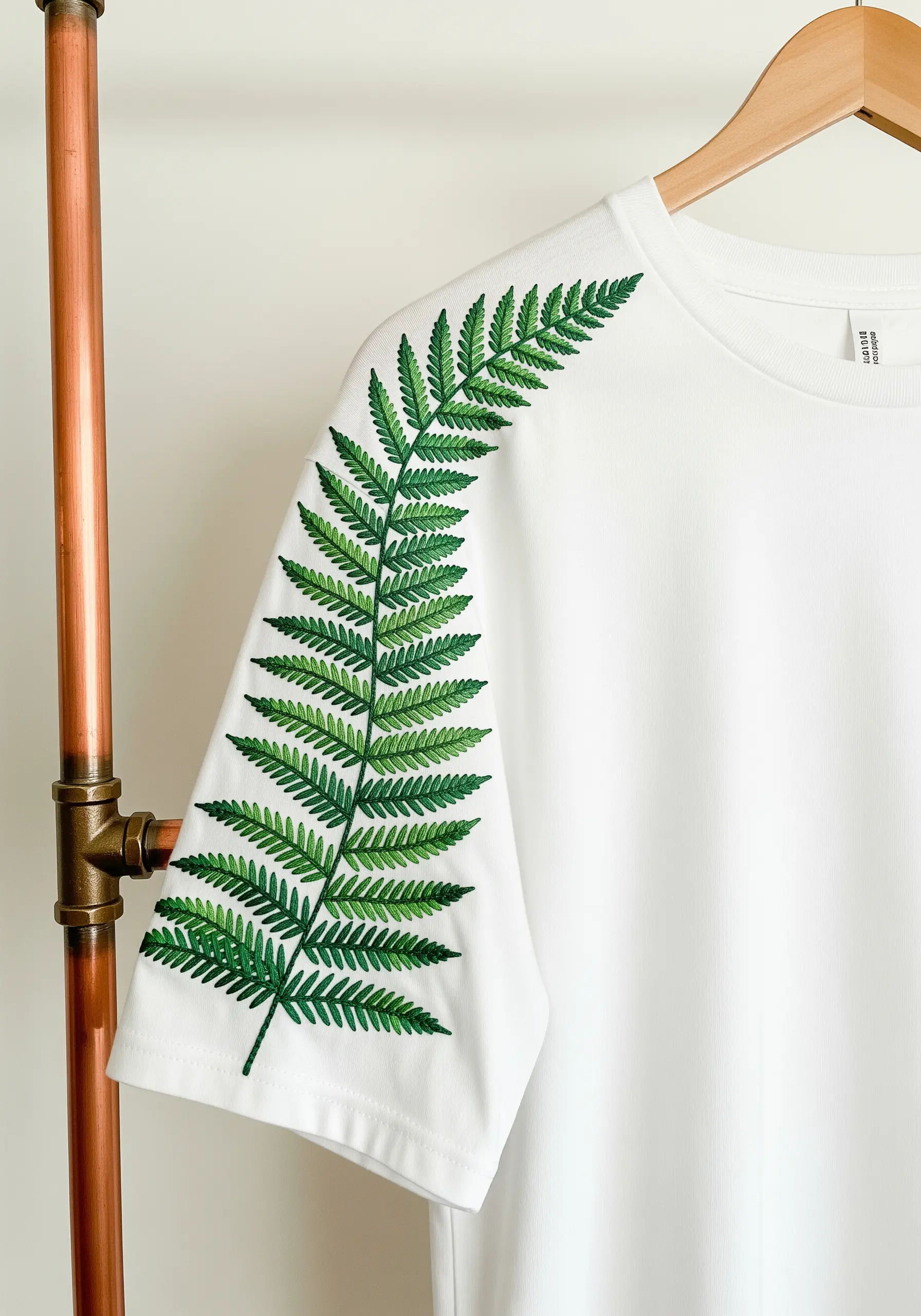 Large green fern leaf embroidered down the entire sleeve of a white t-shirt.