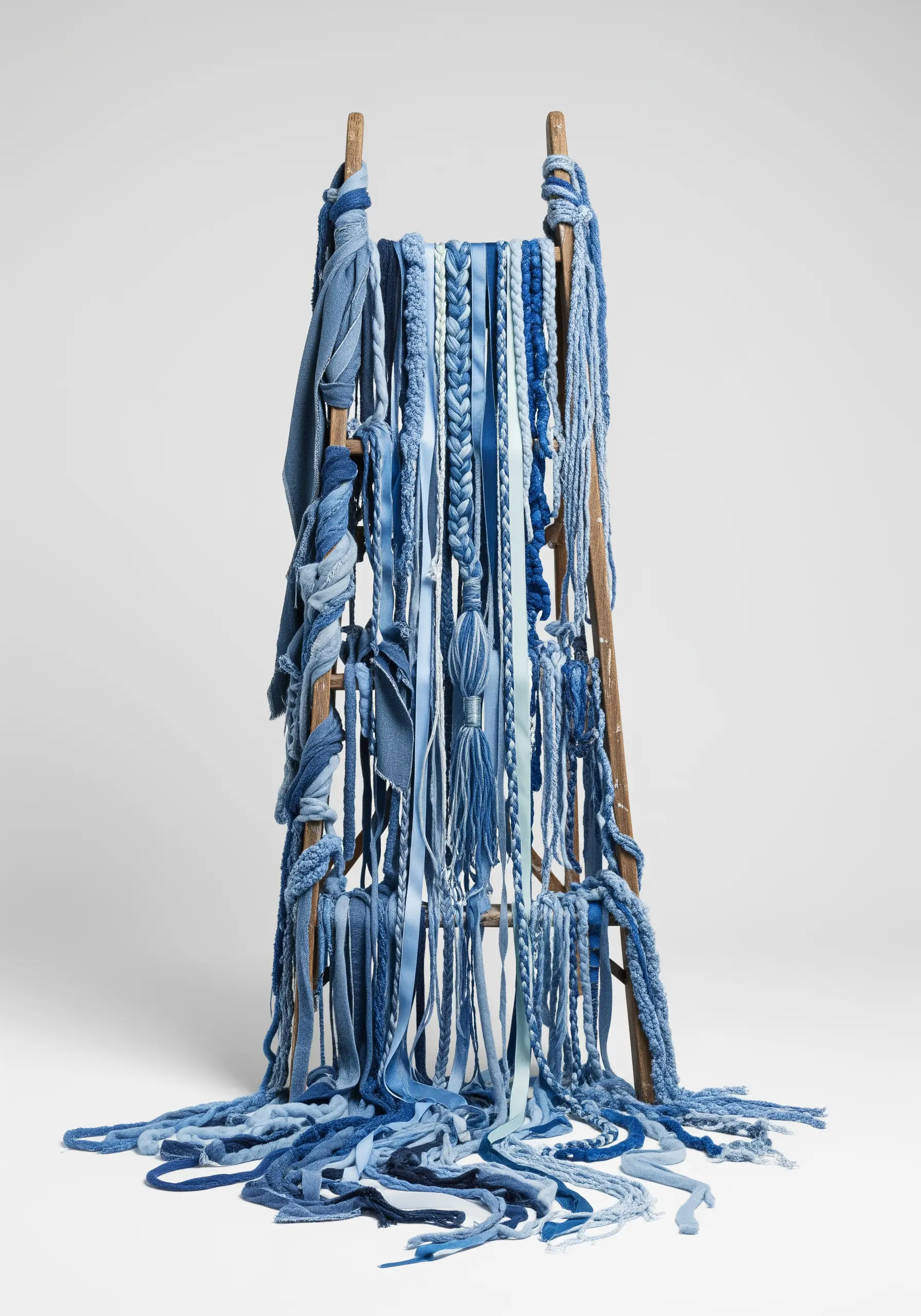 A wooden ladder draped and wrapped in various blue denim and fabric strips.