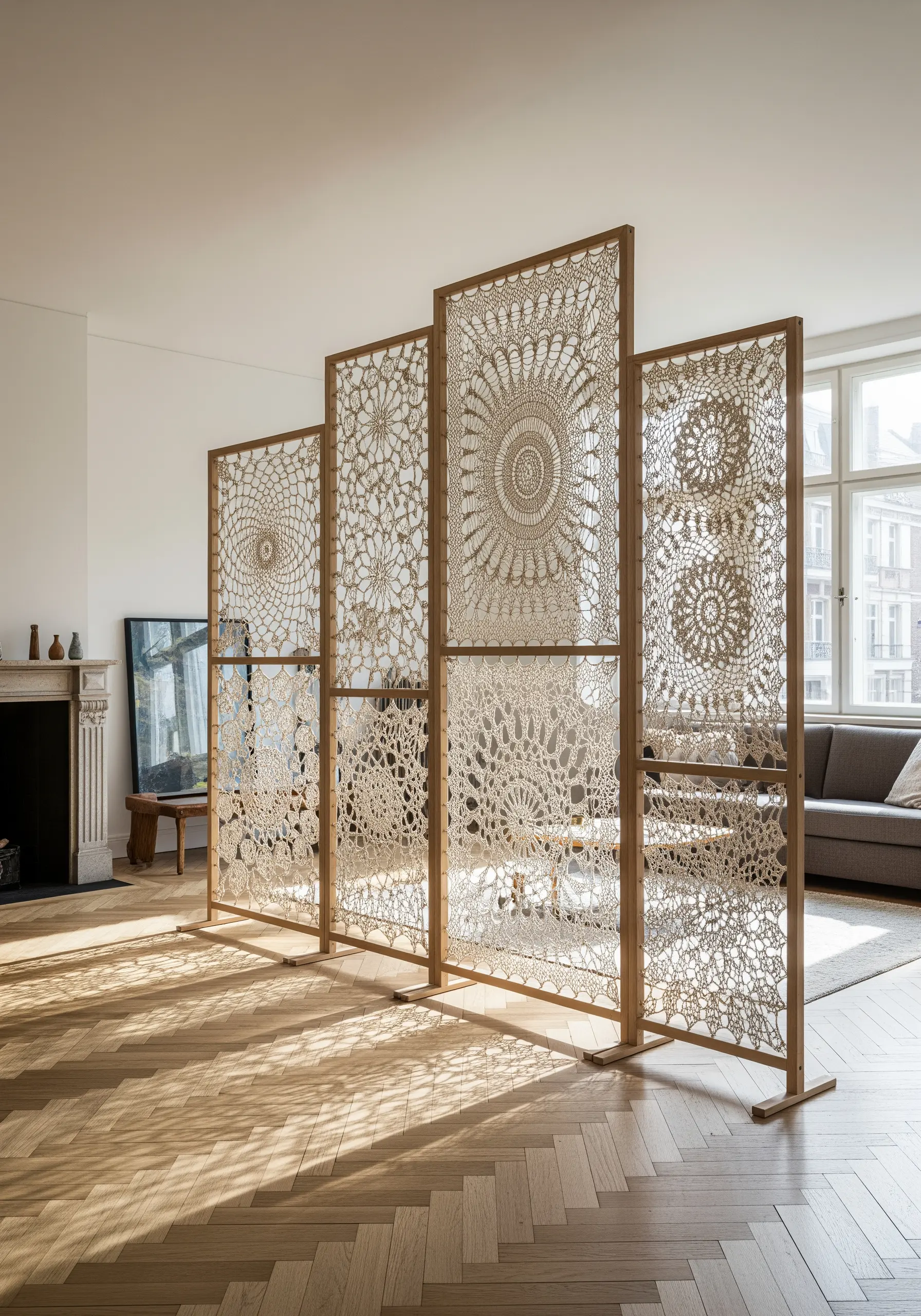 Four large wooden frames with stretched lace panels act as an elegant room divider.